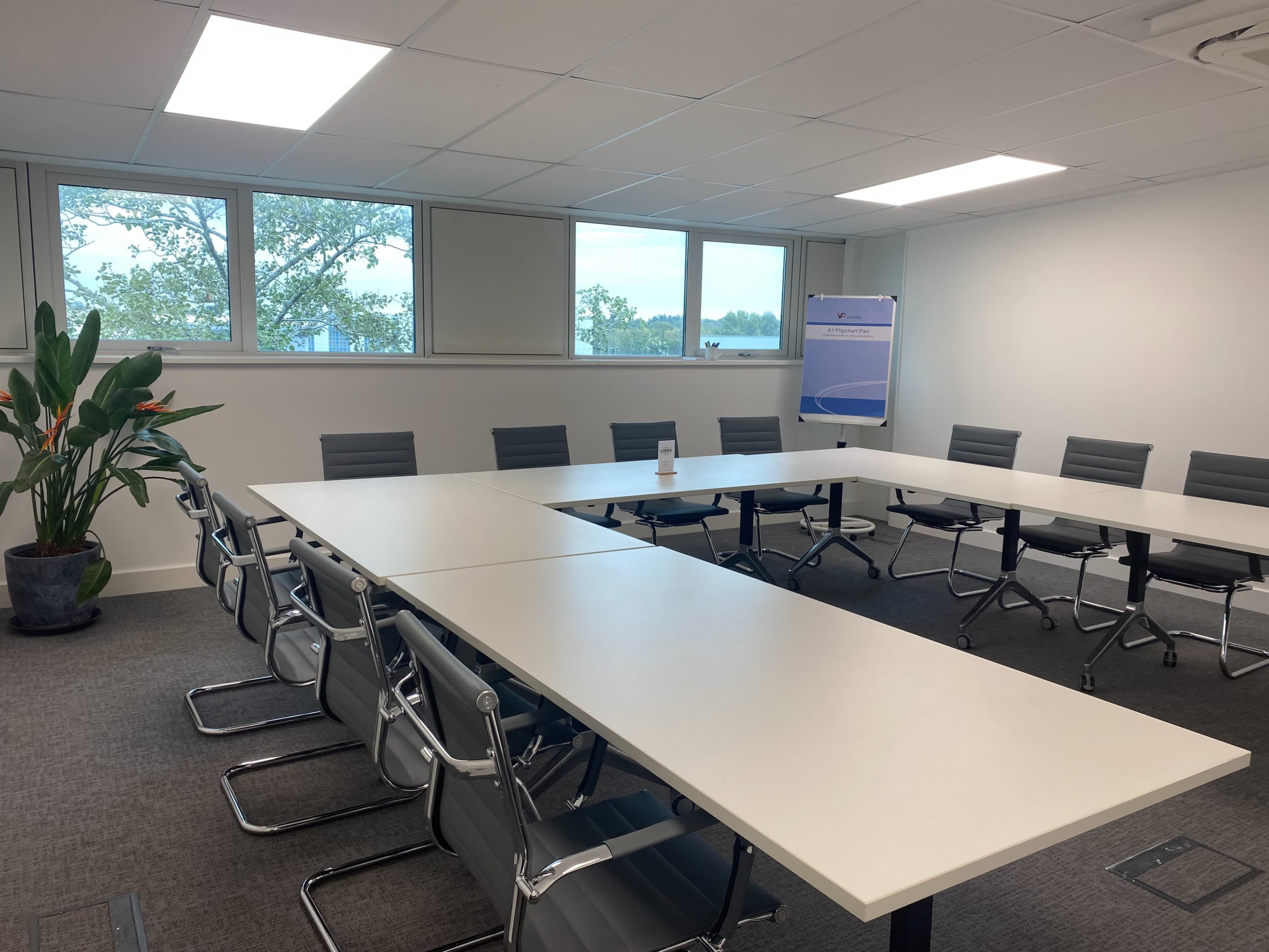 A modern conference room features a large rectangular table surrounded by gray chairs, with windows allowing light to enter and a green plant in the corner.