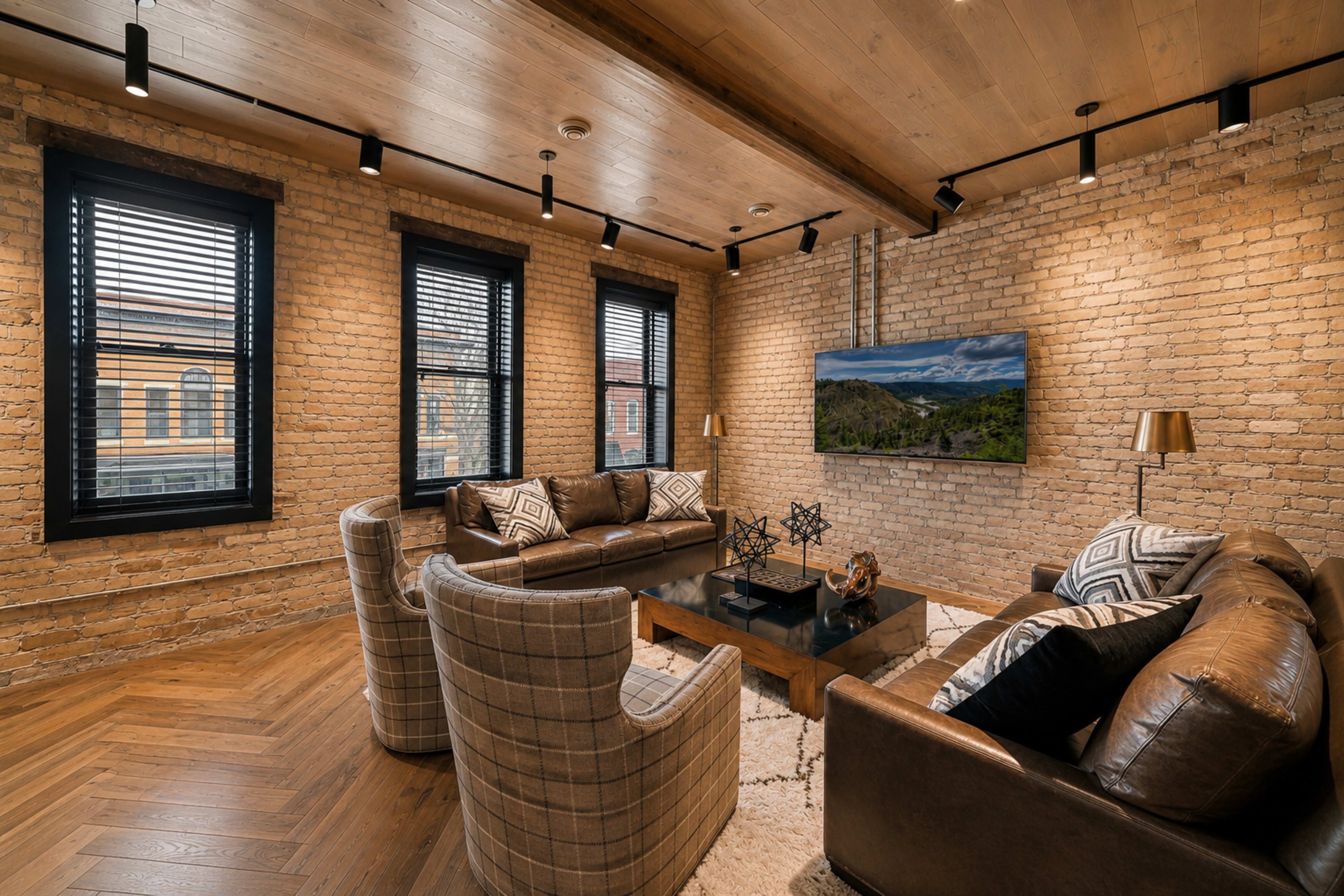 The image shows a modern living room featuring exposed brick walls, wooden ceilings, two comfortable seating areas, and a large television mounted on the wall.