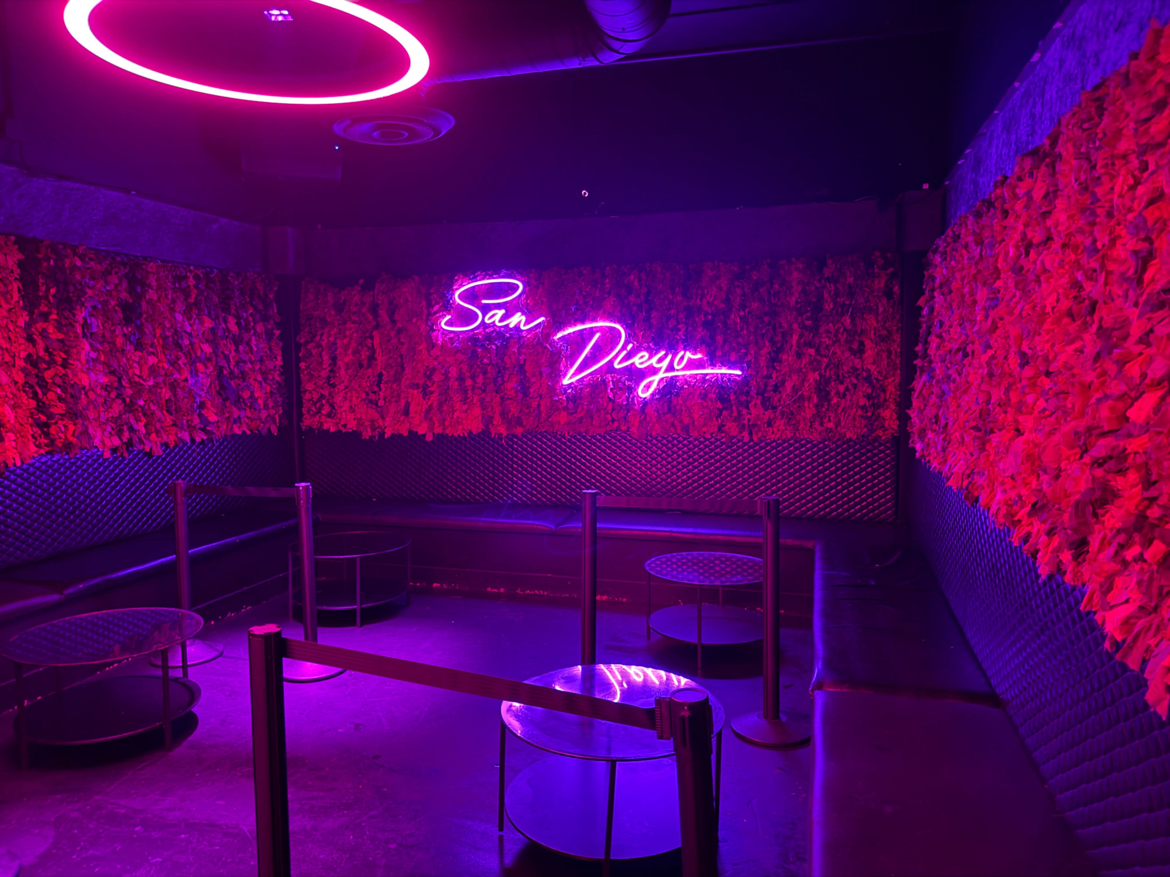 The image shows a dimly lit lounge area with neon signage that reads "San Diego," surrounded by textured floral walls and several tables with chairs.