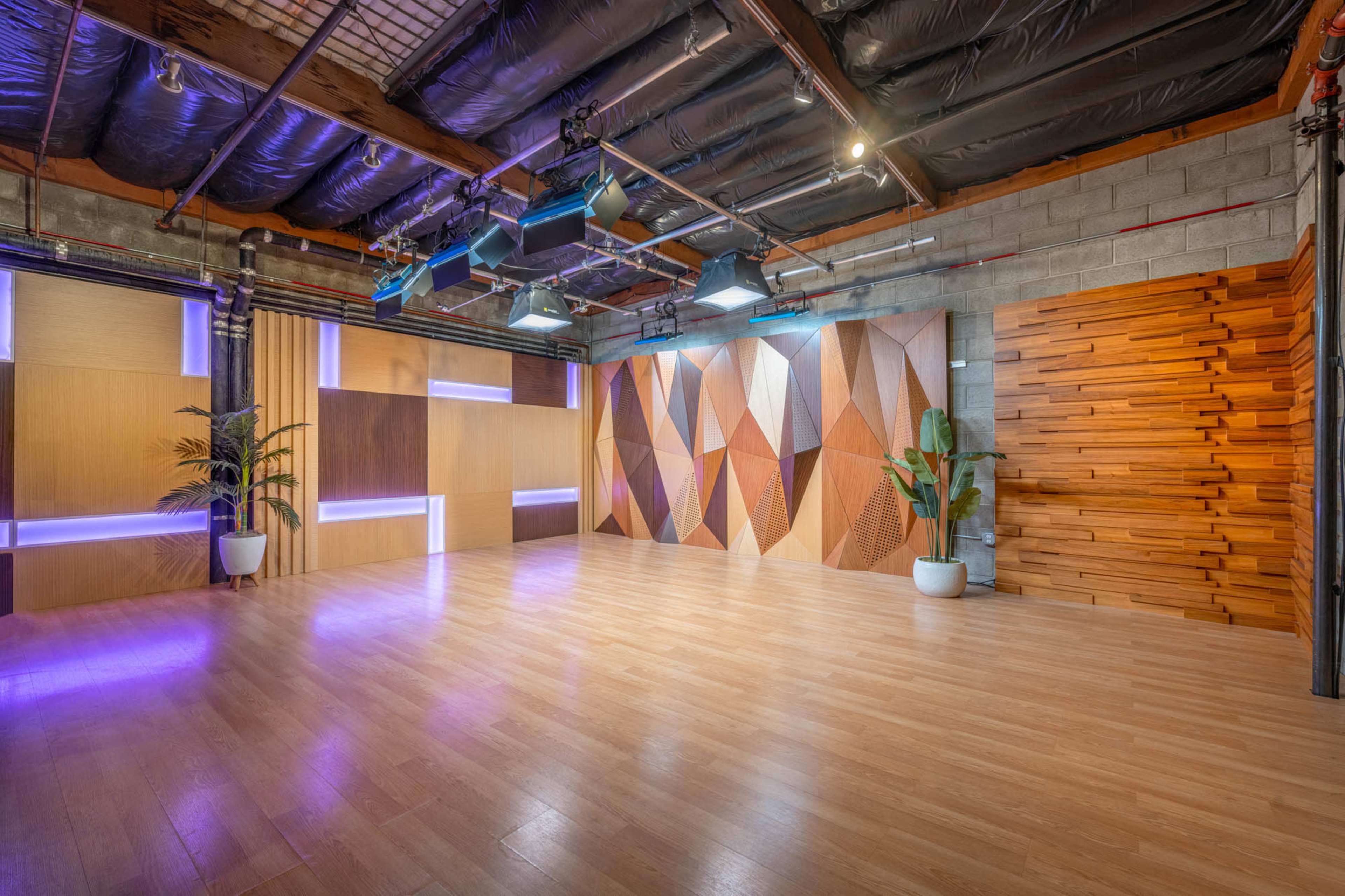 An indoor studio space with wooden paneling, wall lights, and potted plants, featuring a smooth wooden floor and structured light designs on the walls.