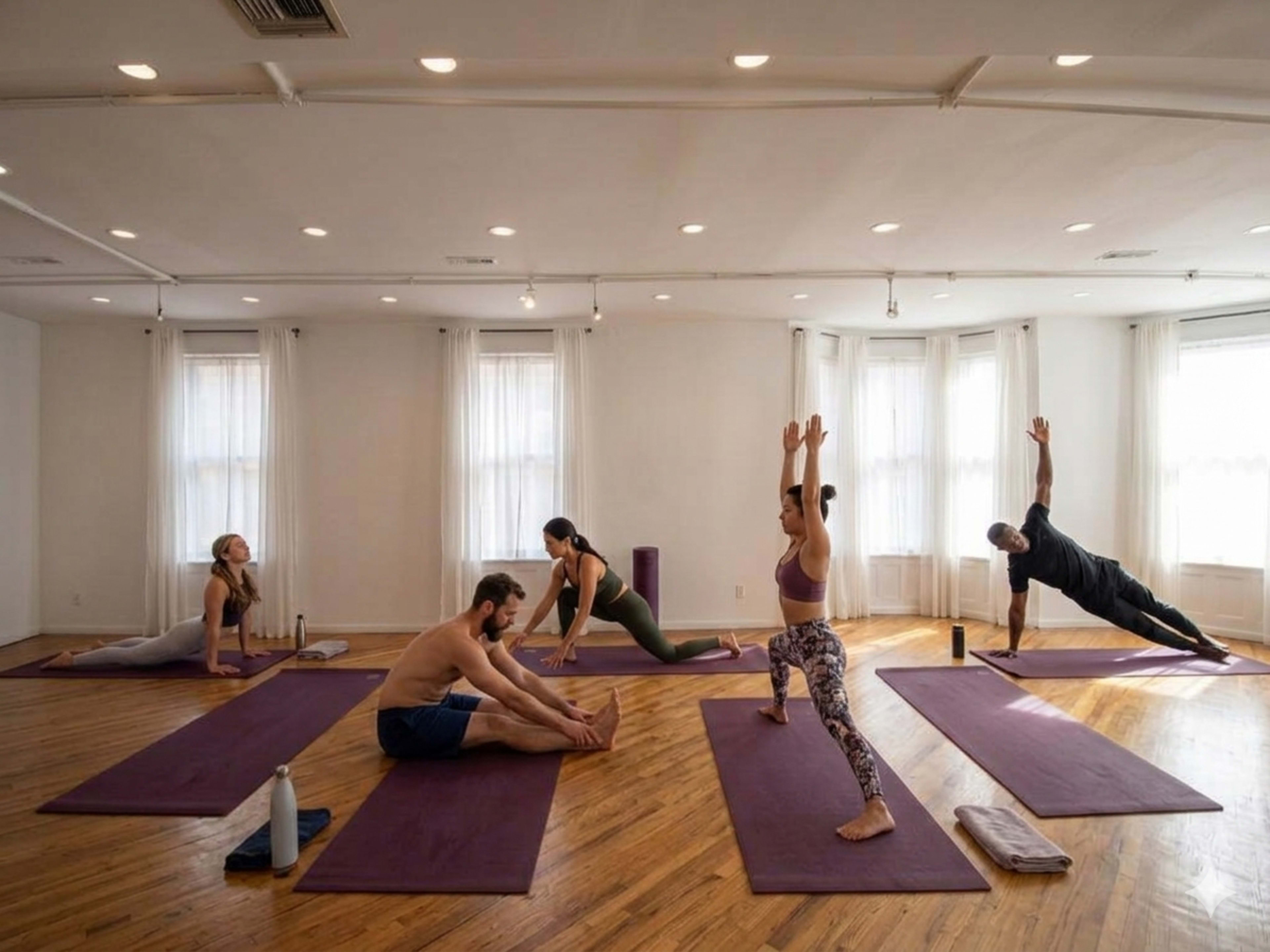 A group of five people is practicing yoga in a brightly lit studio with wooden floors and large windows.