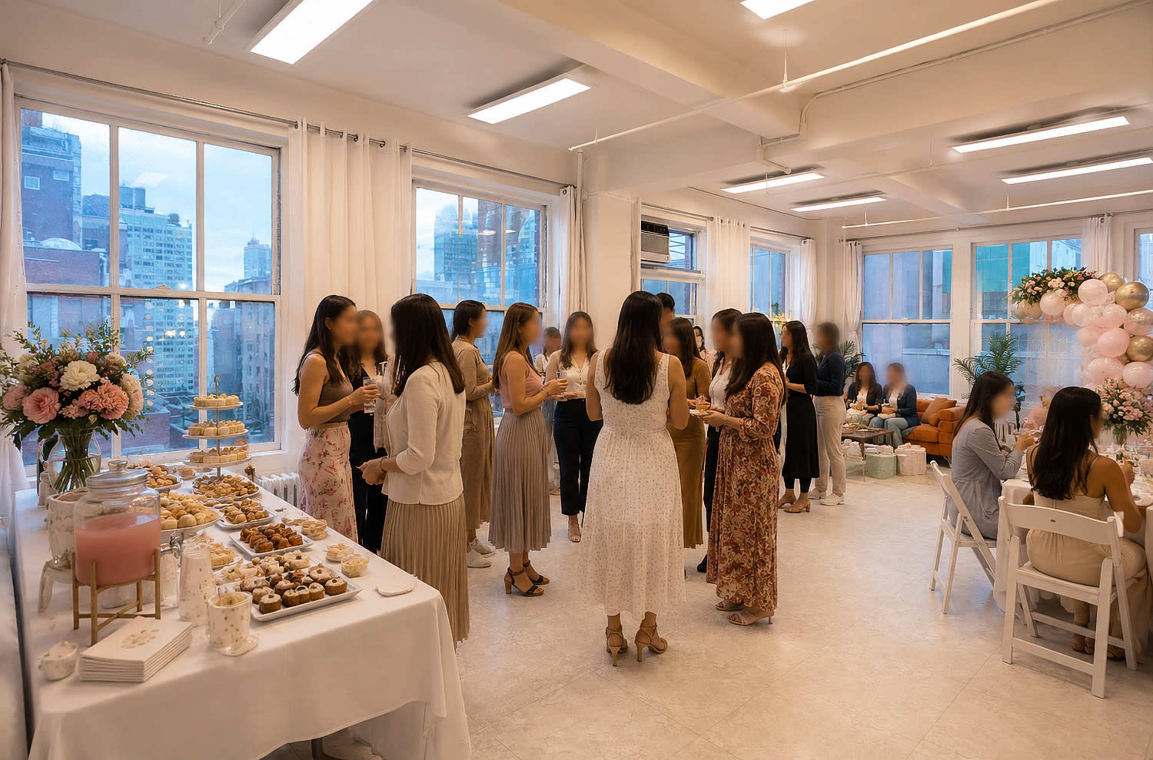 The image shows a elegantly decorated indoor space with people mingling, food tables, and large windows revealing a city skyline.