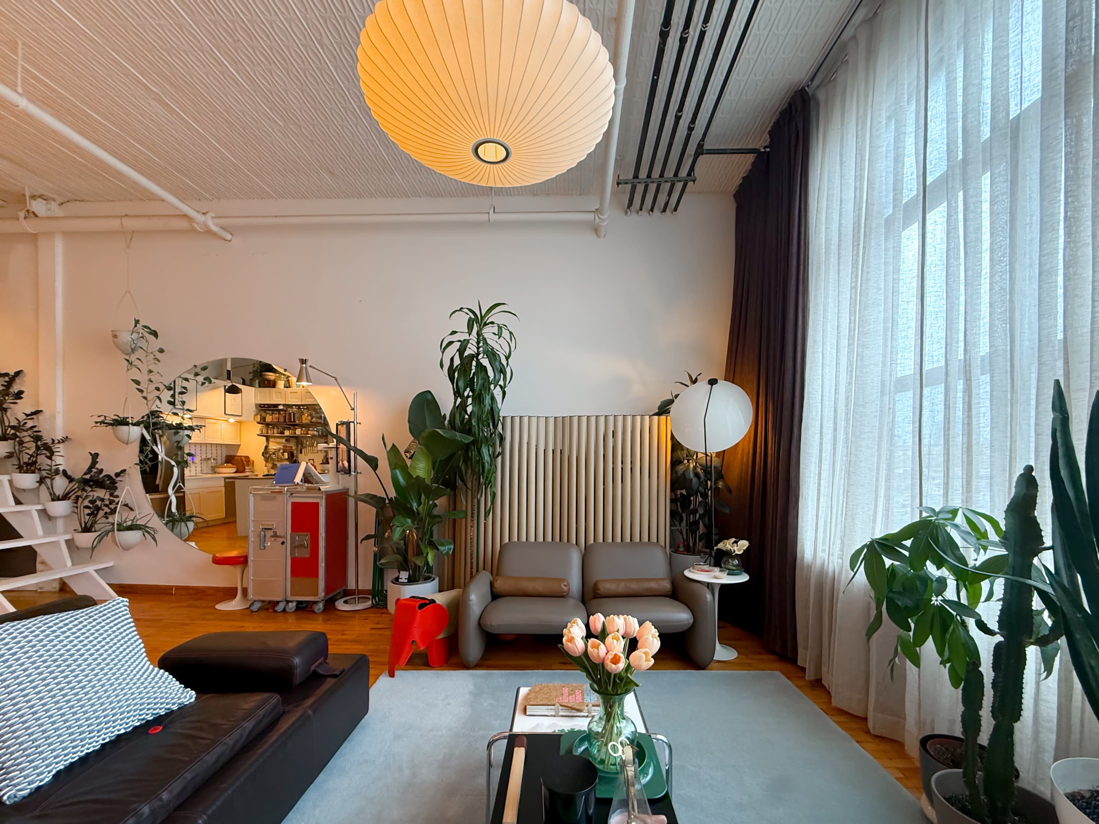 The image depicts a stylish living room featuring a modern sofa, potted plants, large windows with sheer curtains, and a round pendant light.