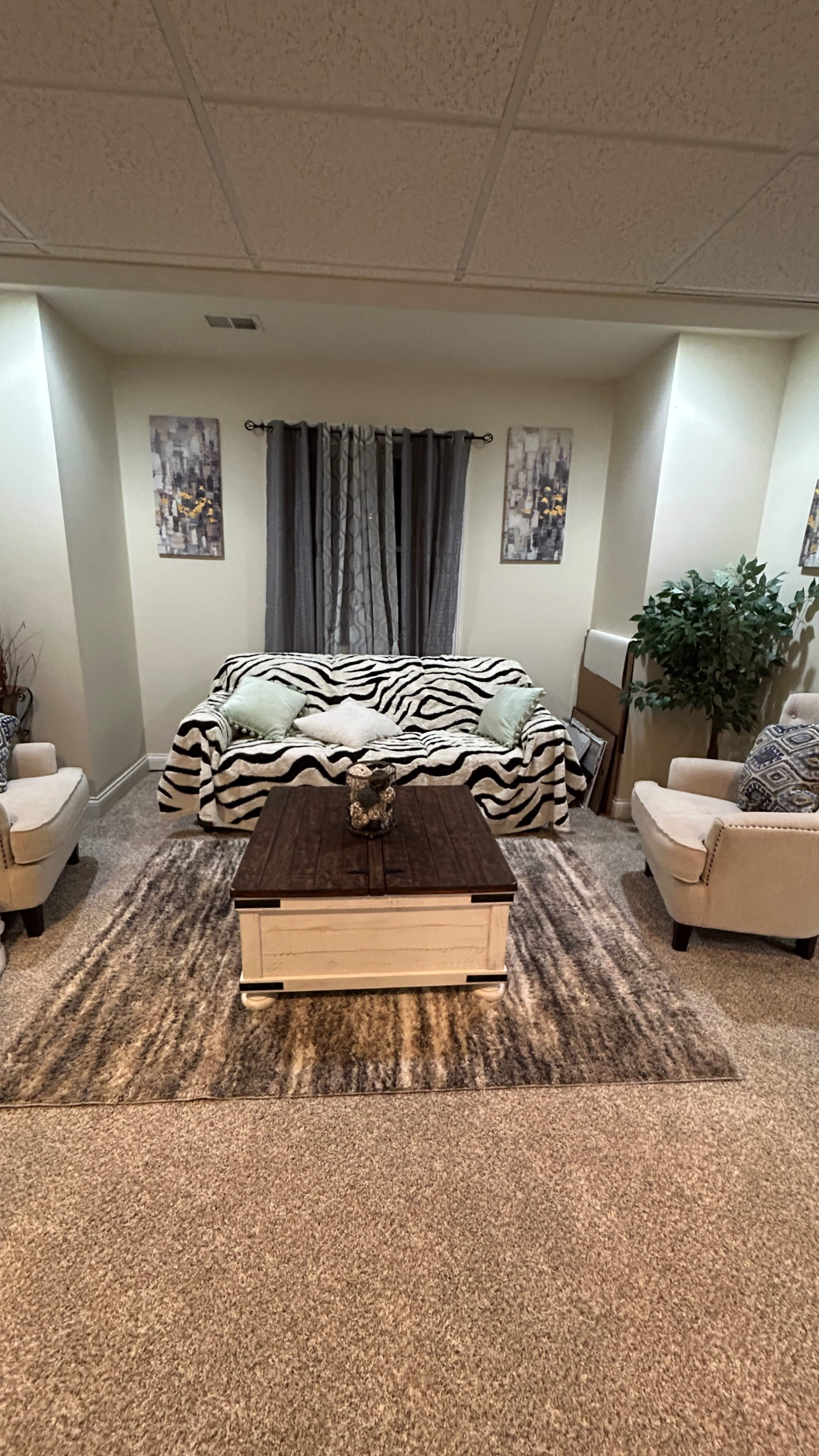 The image shows a well-decorated basement living space with a bed covered in a striped blanket, two armchairs, a coffee table, and a large area rug.