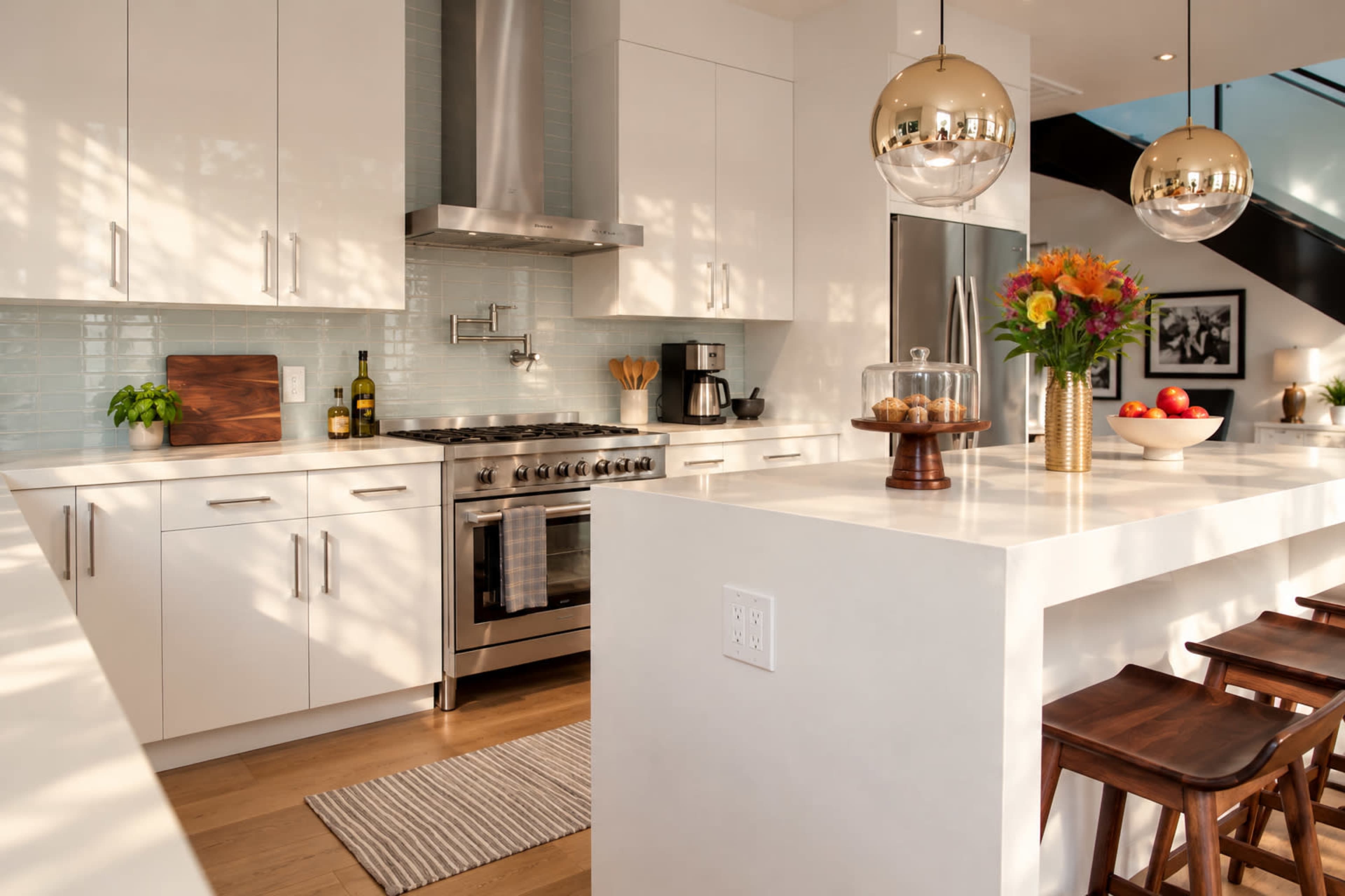The image depicts a modern kitchen with white cabinetry, a stainless steel stove and hood, a central island with bar stools, and decorative elements like a vase of flowers and a bowl of fruit.