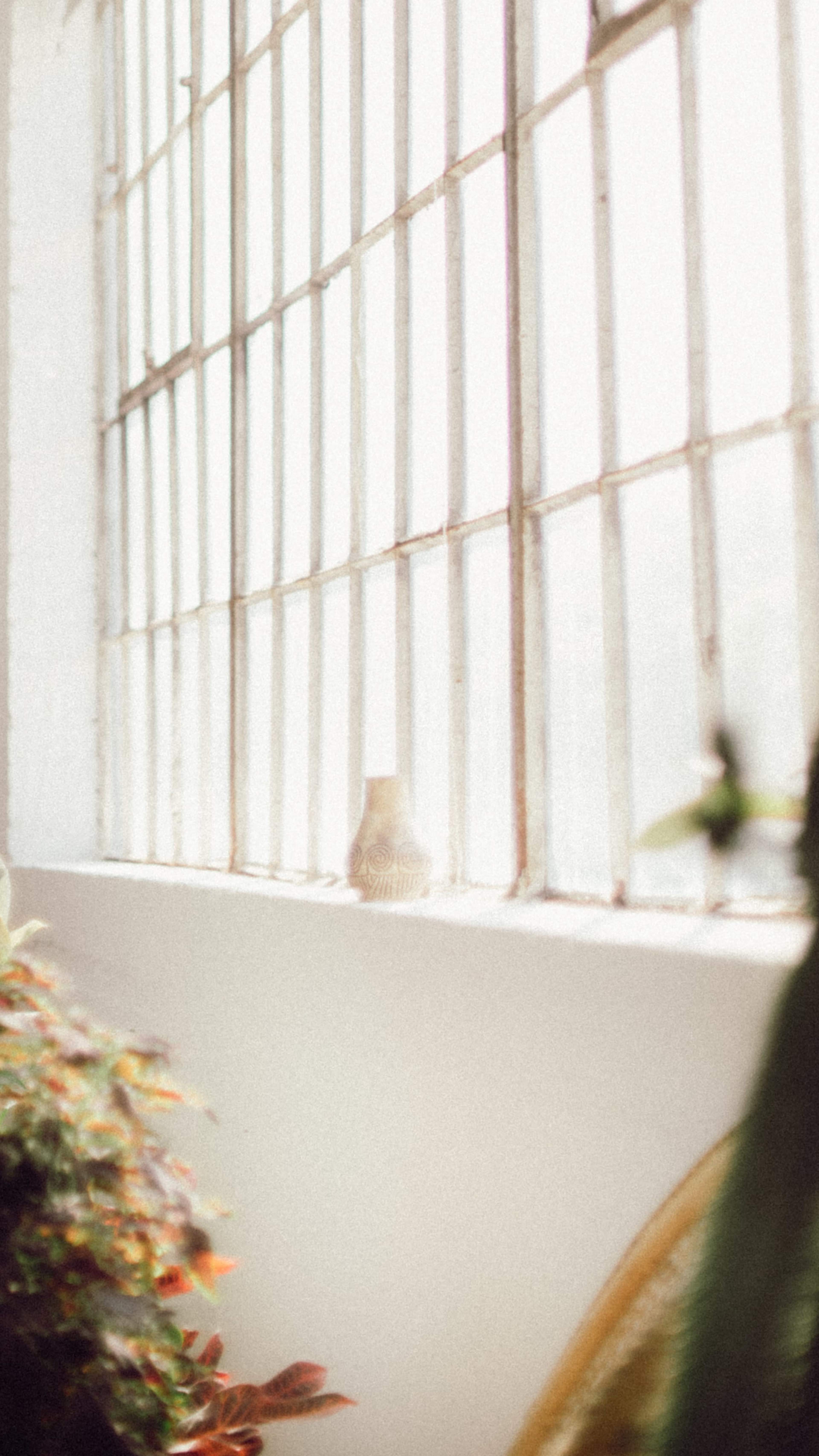 A small vase sits on a sunlit windowsill, framed by tall, industrial-style windows.