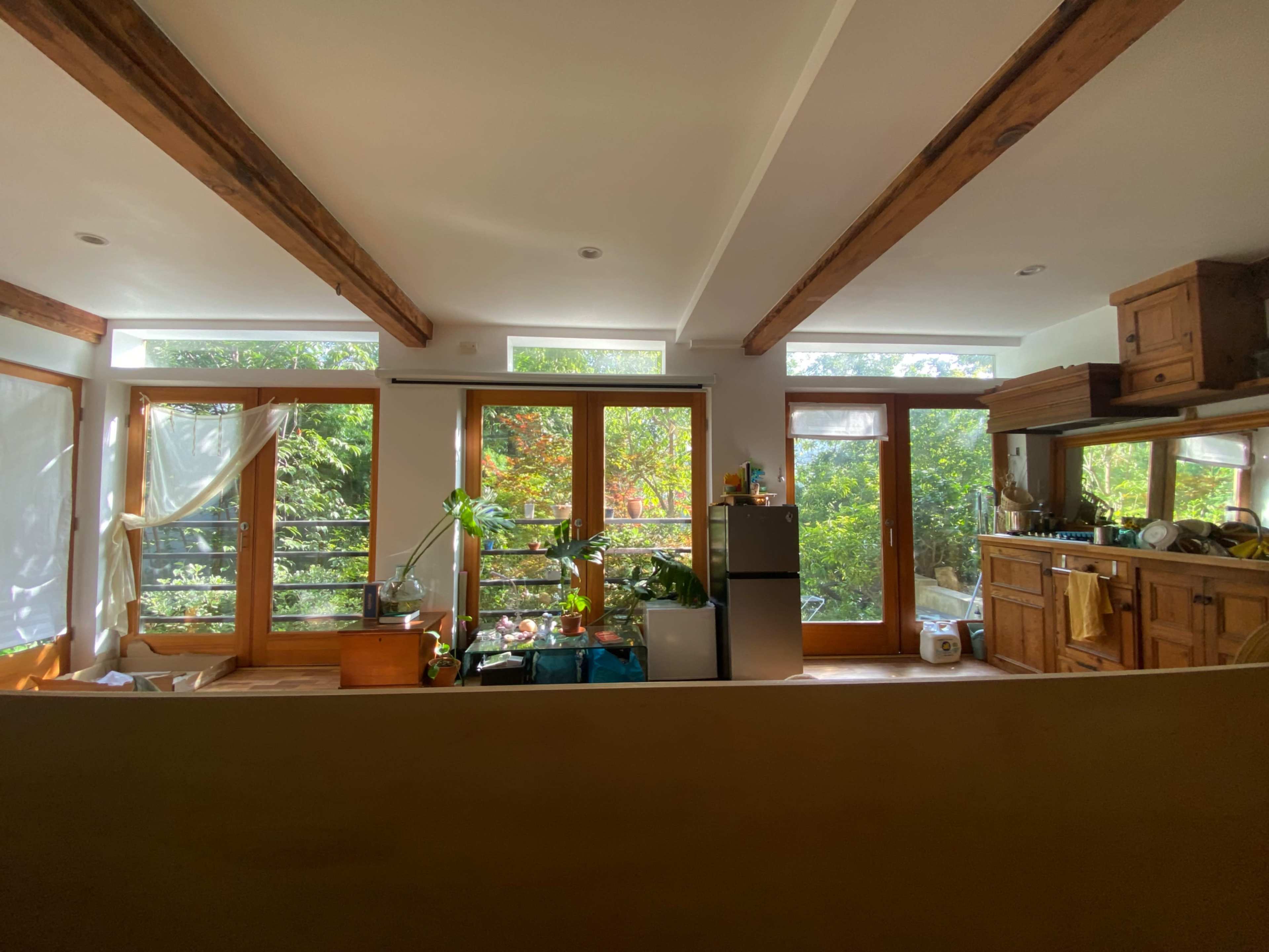 A kitchen with wooden beams, large windows, and plants, overlooking a garden.