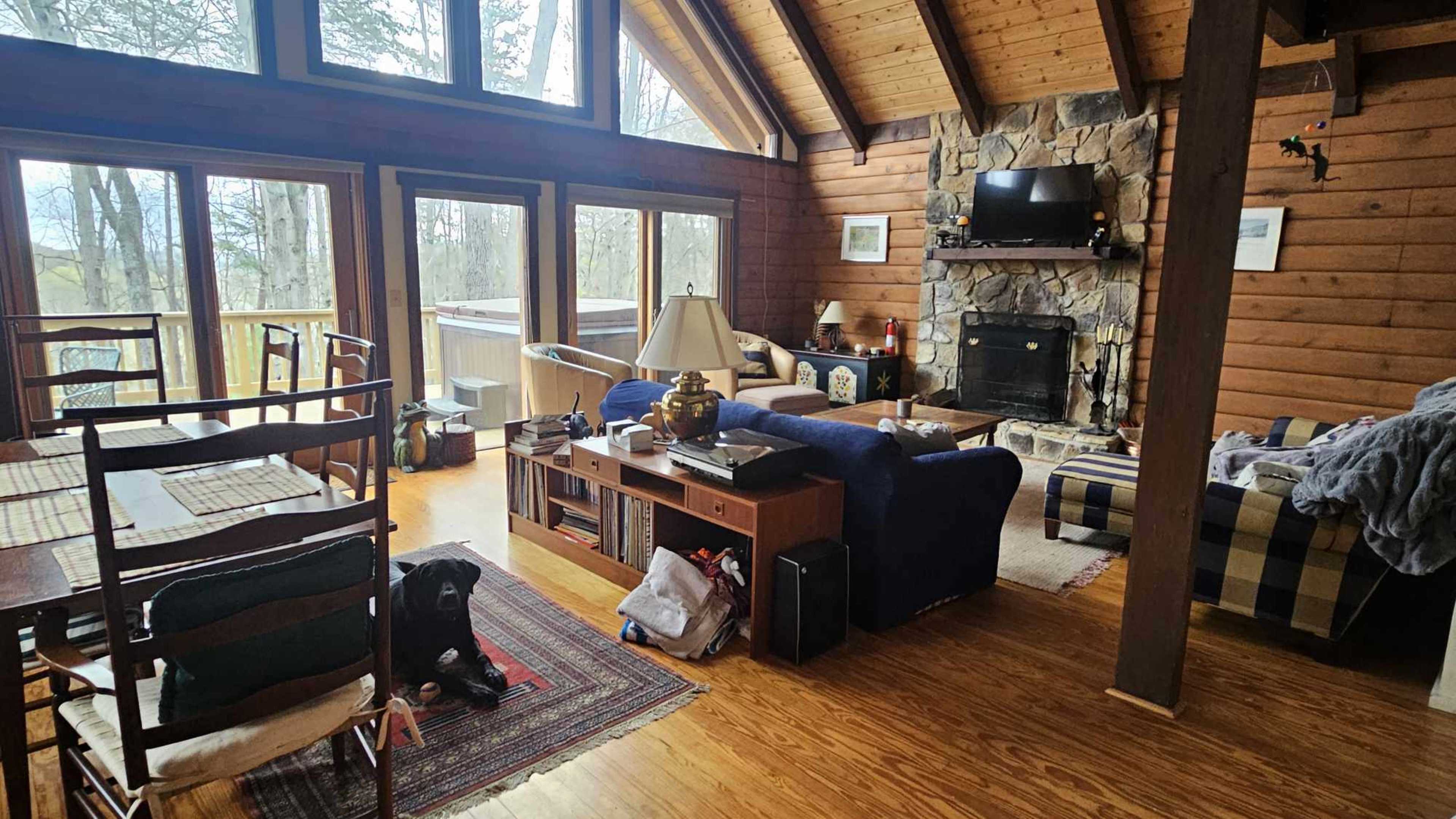 The interior of a wooden cabin features a living area with a stone fireplace, large windows, a dining table, and a black dog resting on a rug.