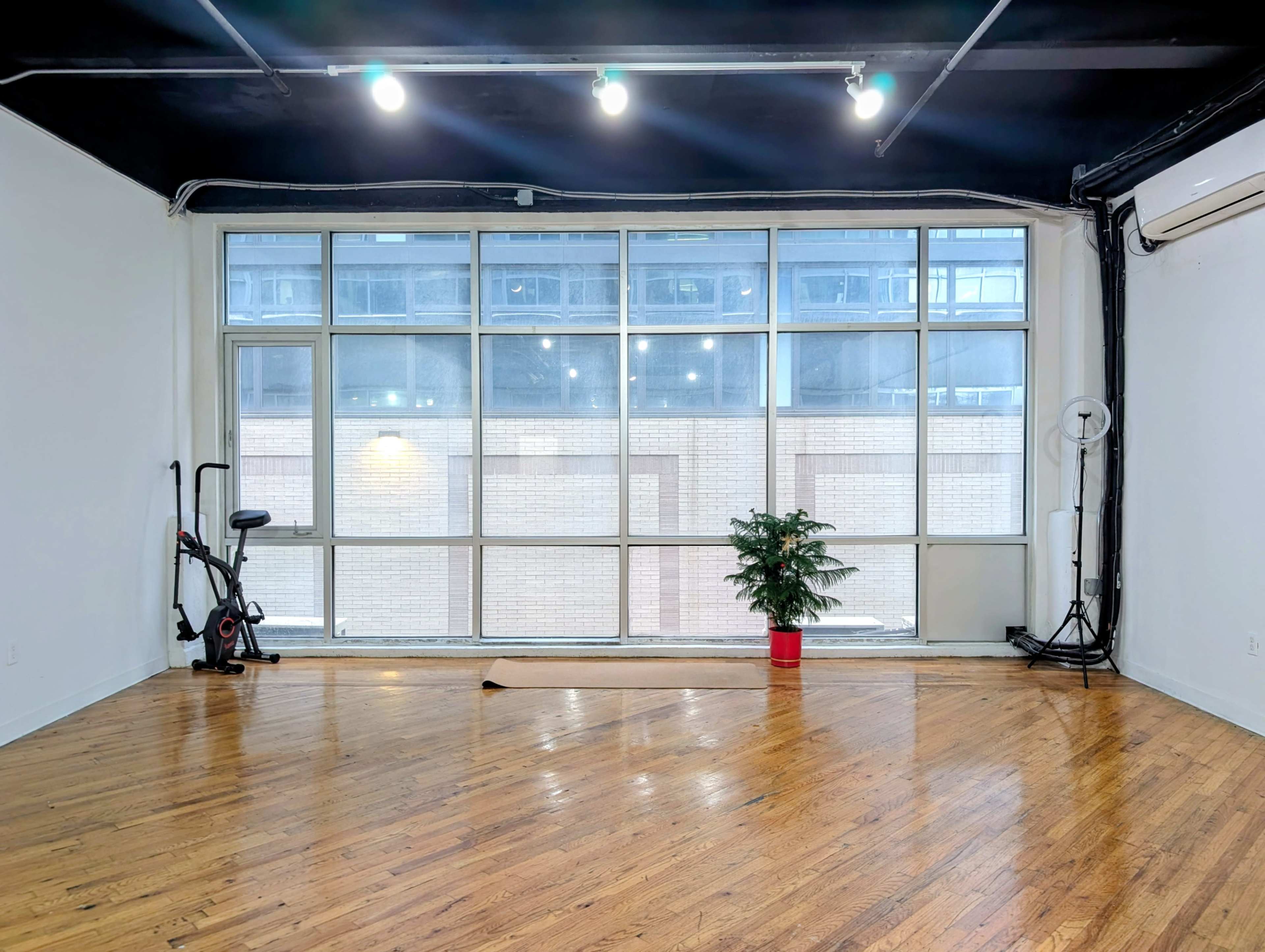 The image shows a spacious, brightly lit room with large windows, wooden flooring, a small plant in a red pot, and a stationary exercise bike.