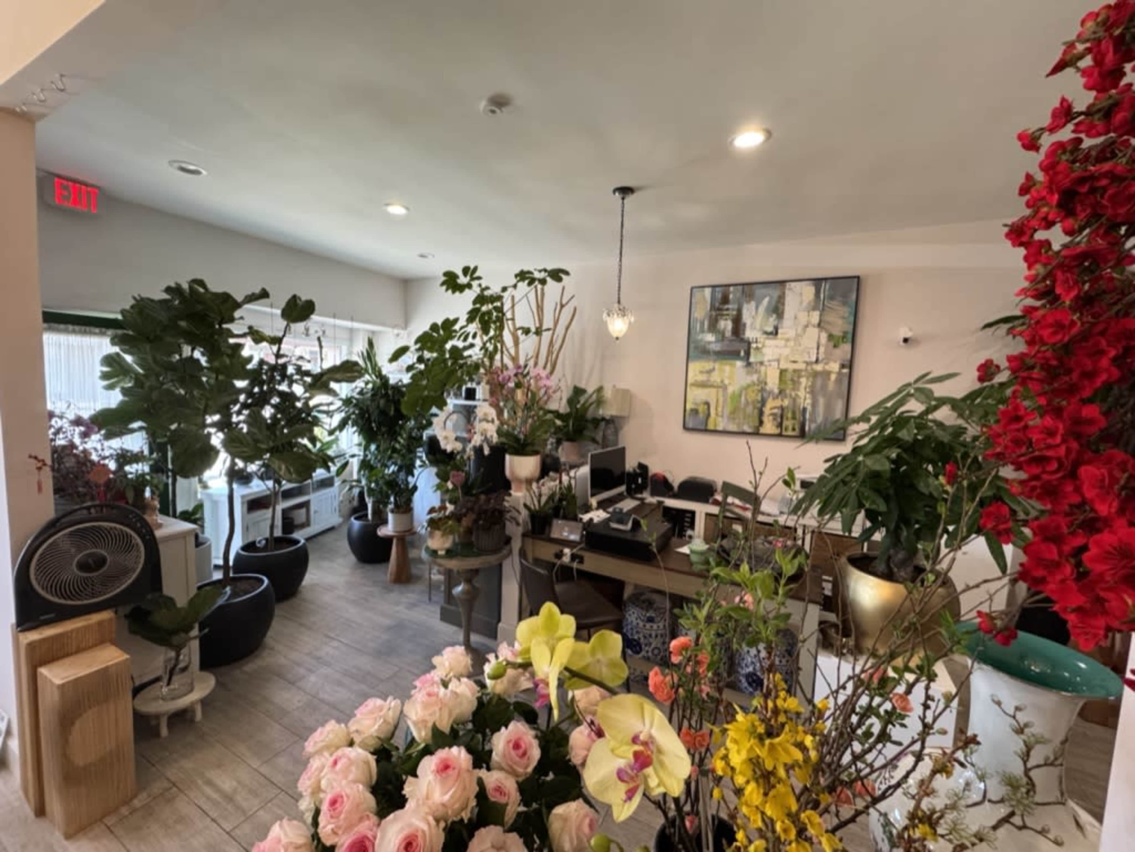 The image shows an interior of a floral shop filled with various plants and flowers, along with a counter and artwork on the wall.