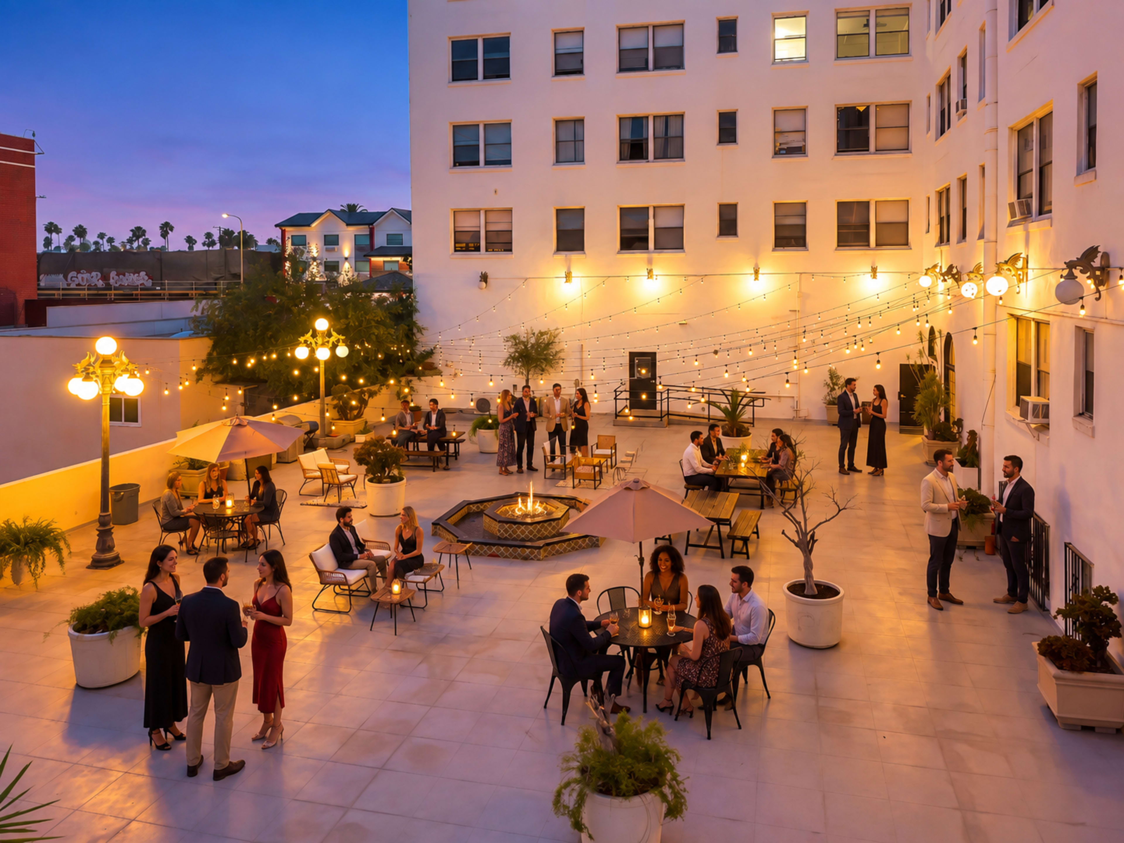 A courtyard with string lights and various groups of people socializing around tables during twilight.