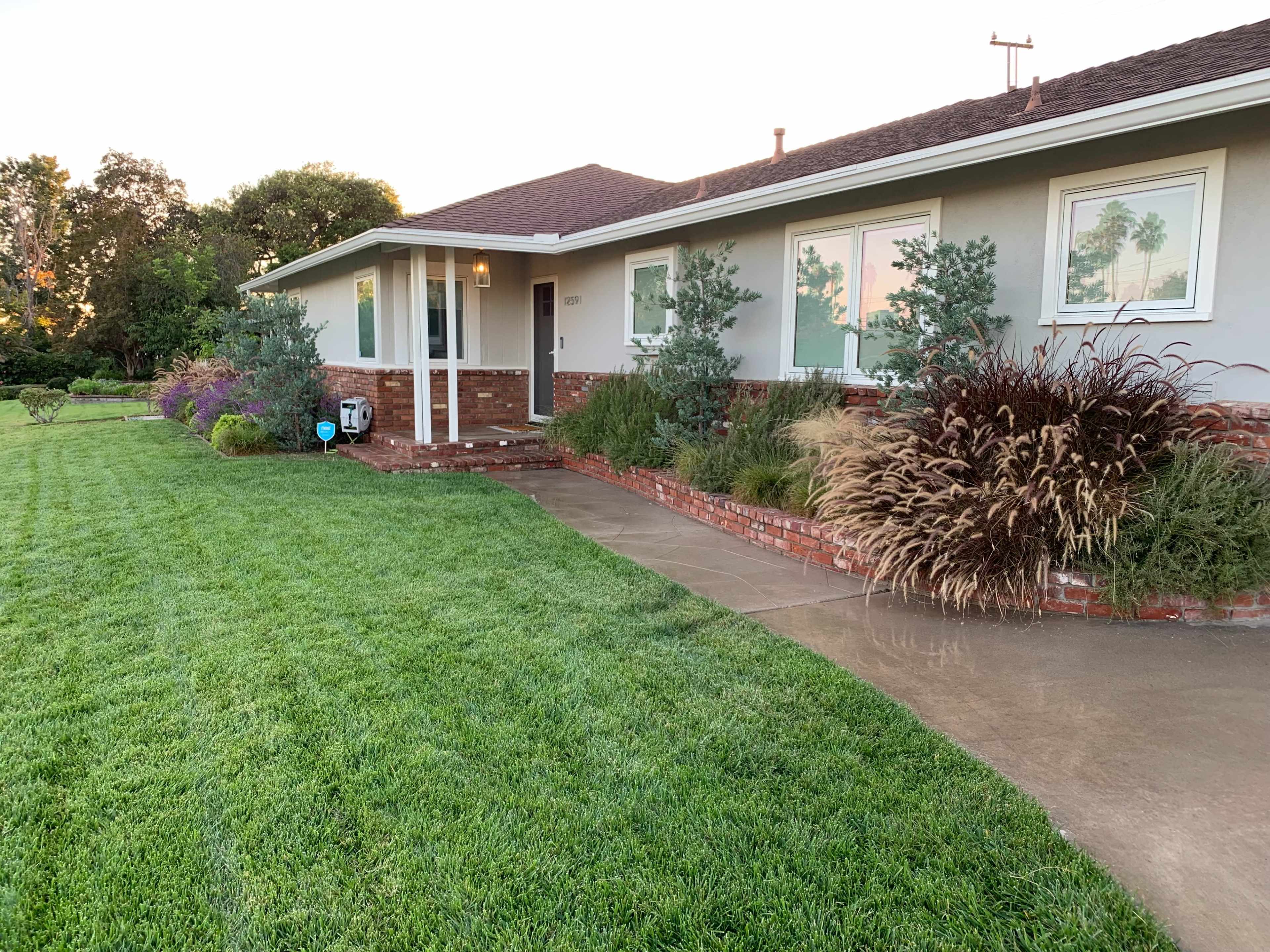 A single-story house with a landscaped front yard featuring a concrete walkway, shrubs, and ornamental grasses.