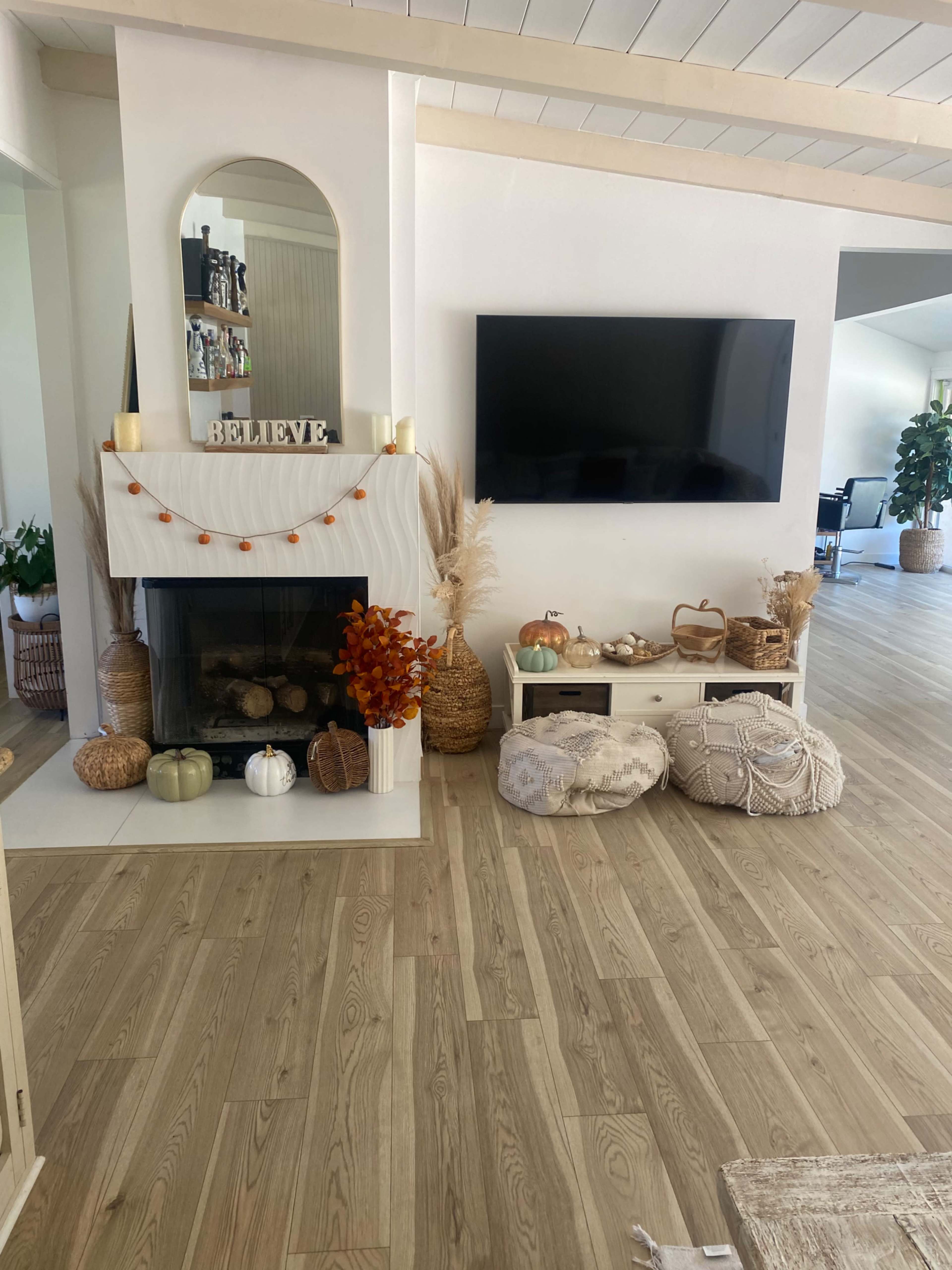 The image shows a living room with a white fireplace adorned with decorative items, a large television mounted on the wall, and various plants and cushions scattered around the wood floor.