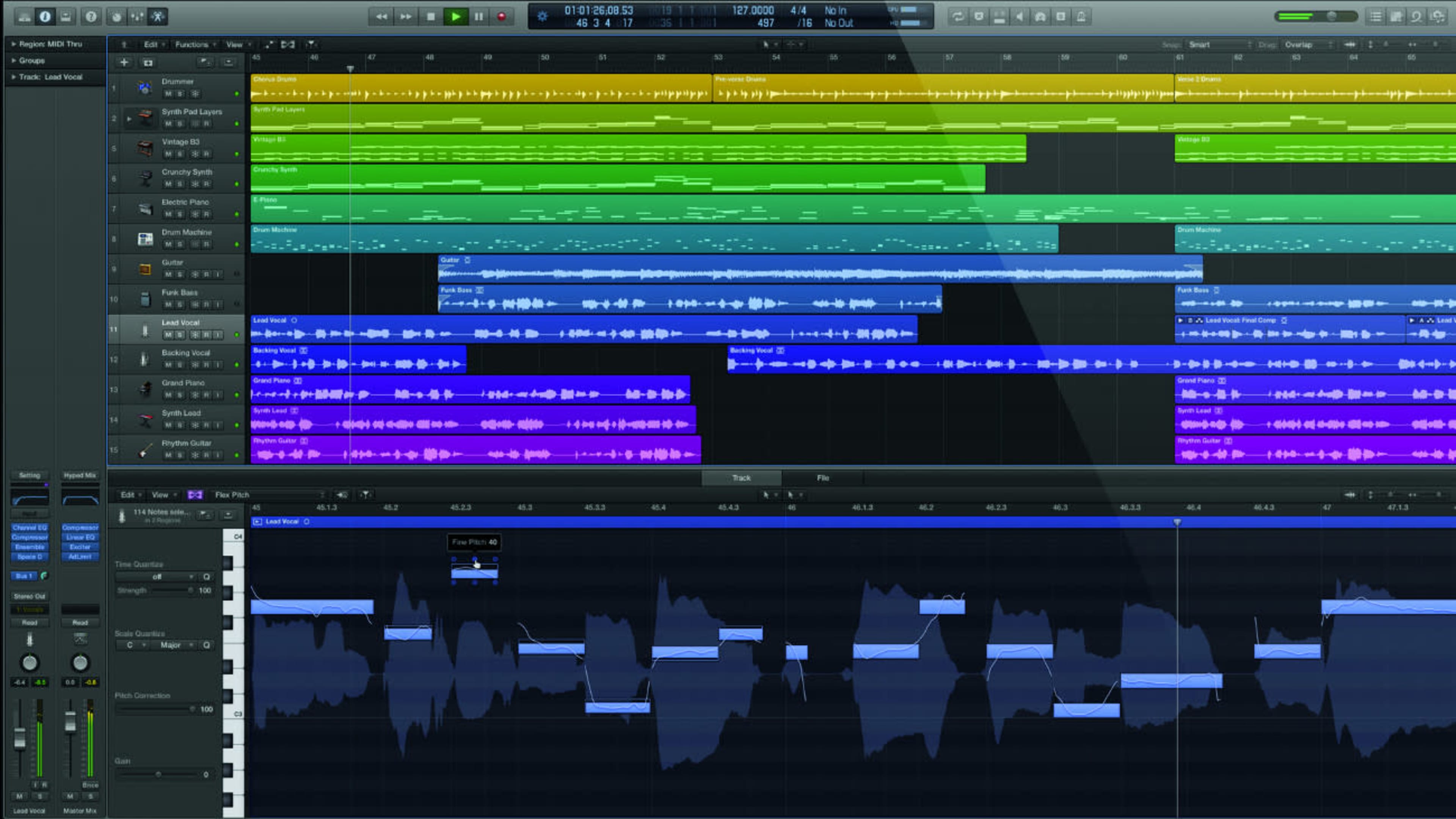 A digital audio workstation interface with multiple colorful audio tracks and waveforms displayed on a dark background.