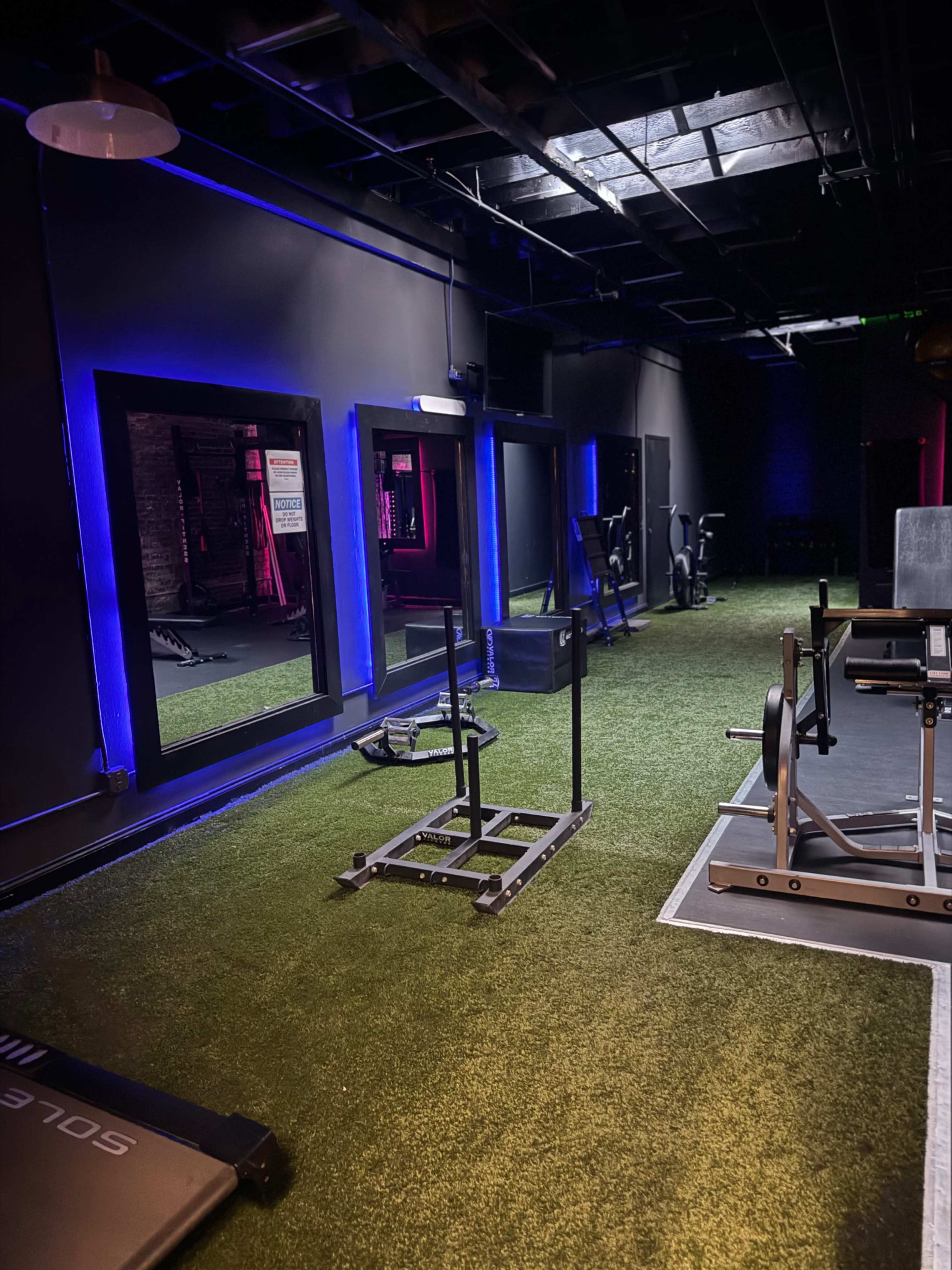 The image shows a dimly lit gym interior with artificial turf, exercise equipment, and illuminated mirrors along the walls.