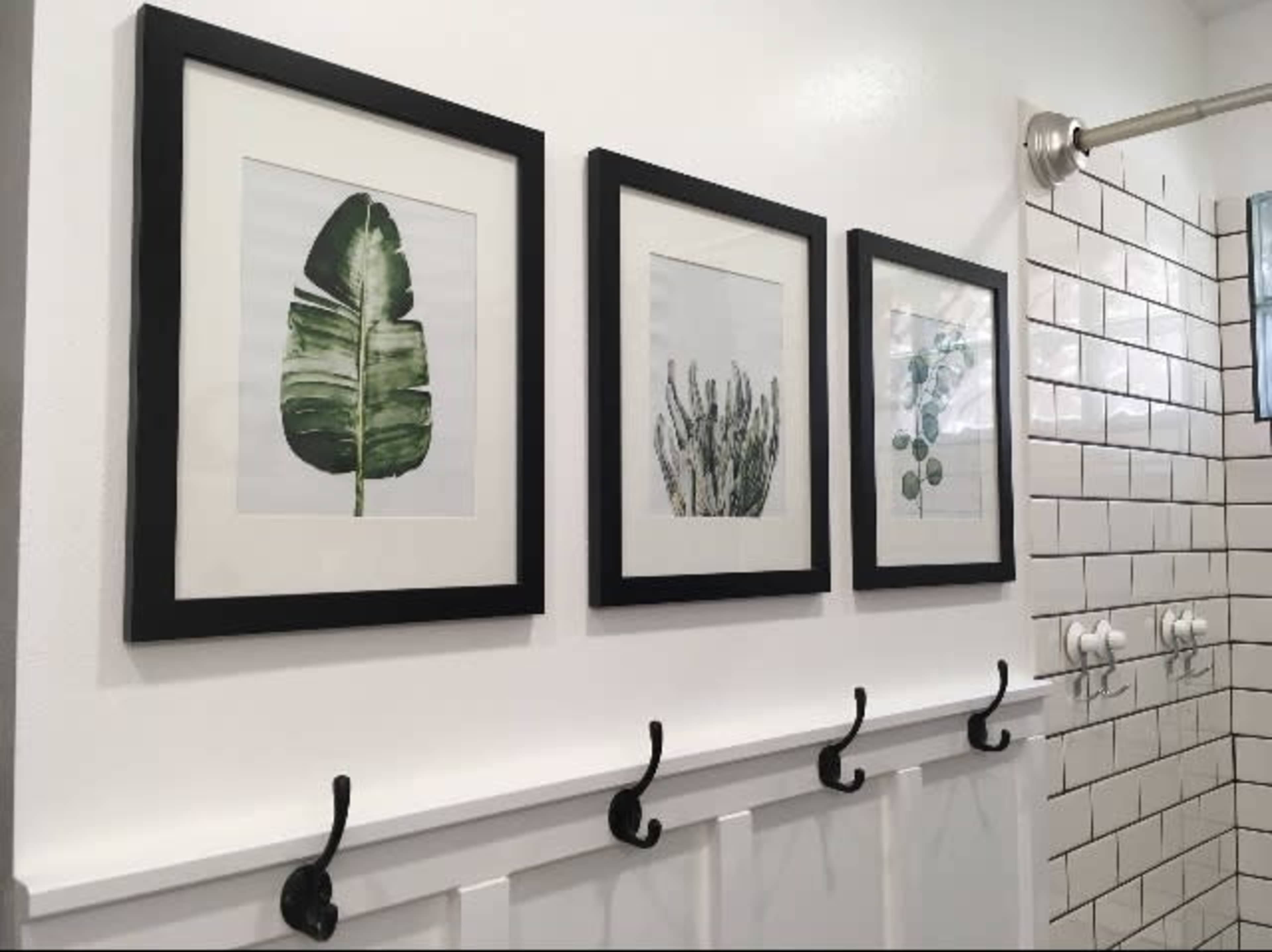 Three framed botanical prints hanging on a white wall above a row of black wall hooks in a bathroom setting.