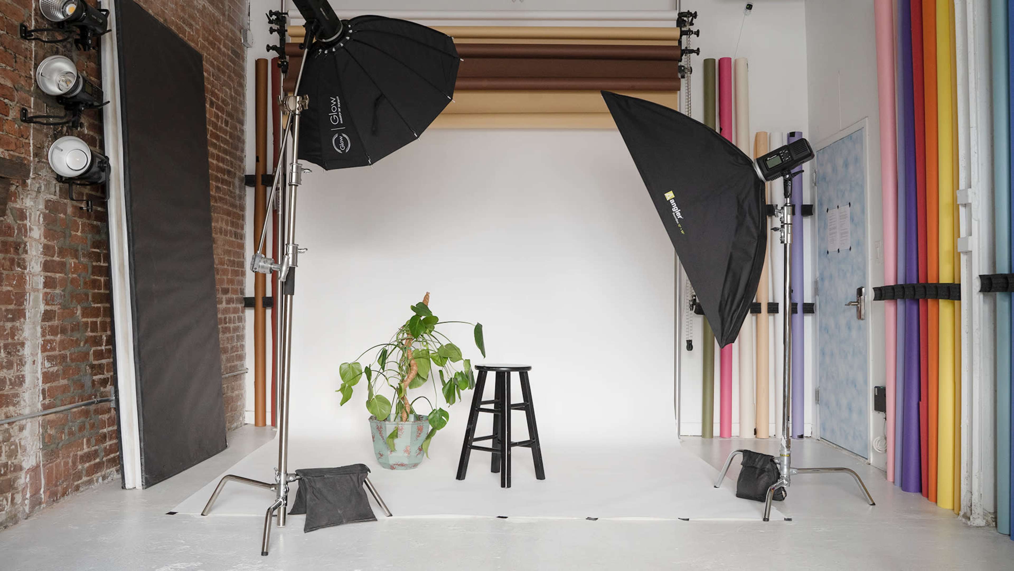 A photography studio is set up with two large softbox lights, a black stool, and a potted plant on a white backdrop surrounded by colorful backdrop rolls.