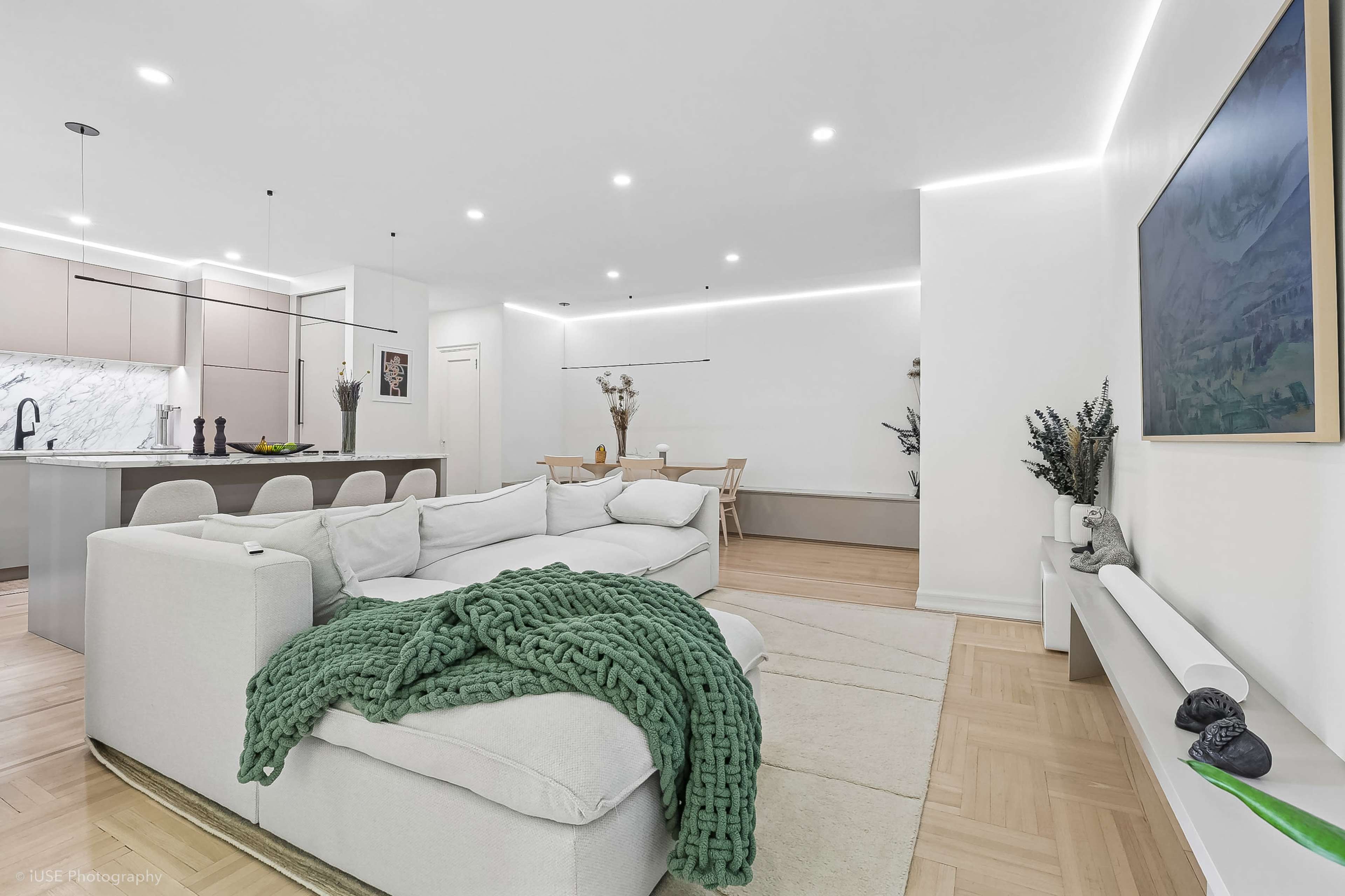 The image shows a modern living room with a light-colored sofa, a green throw blanket, and a dining area in the background featuring a wooden table and chairs.