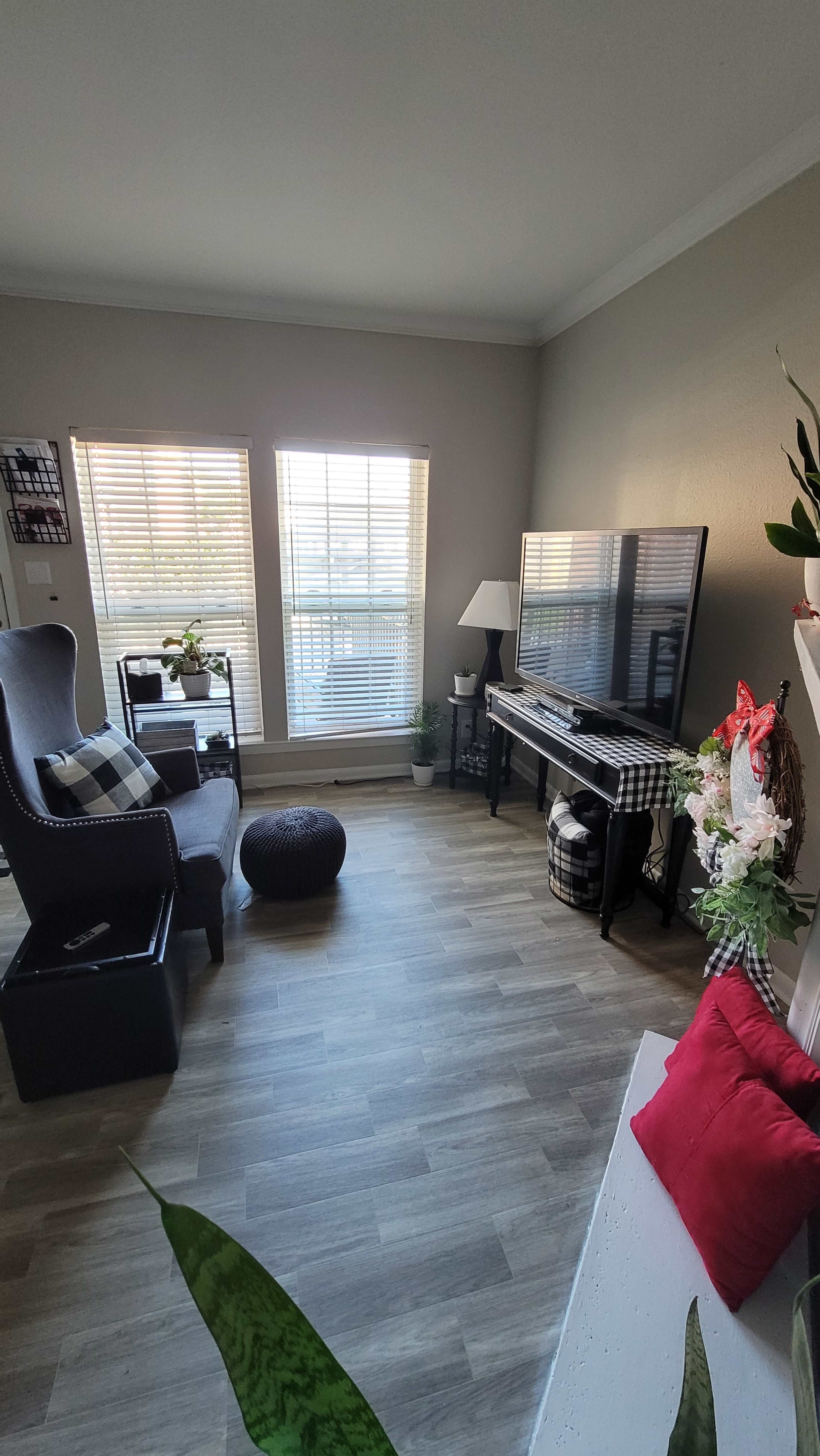A living room features a television on a black console, a gray armchair, and large windows, with decor including plants and a throw pillow.