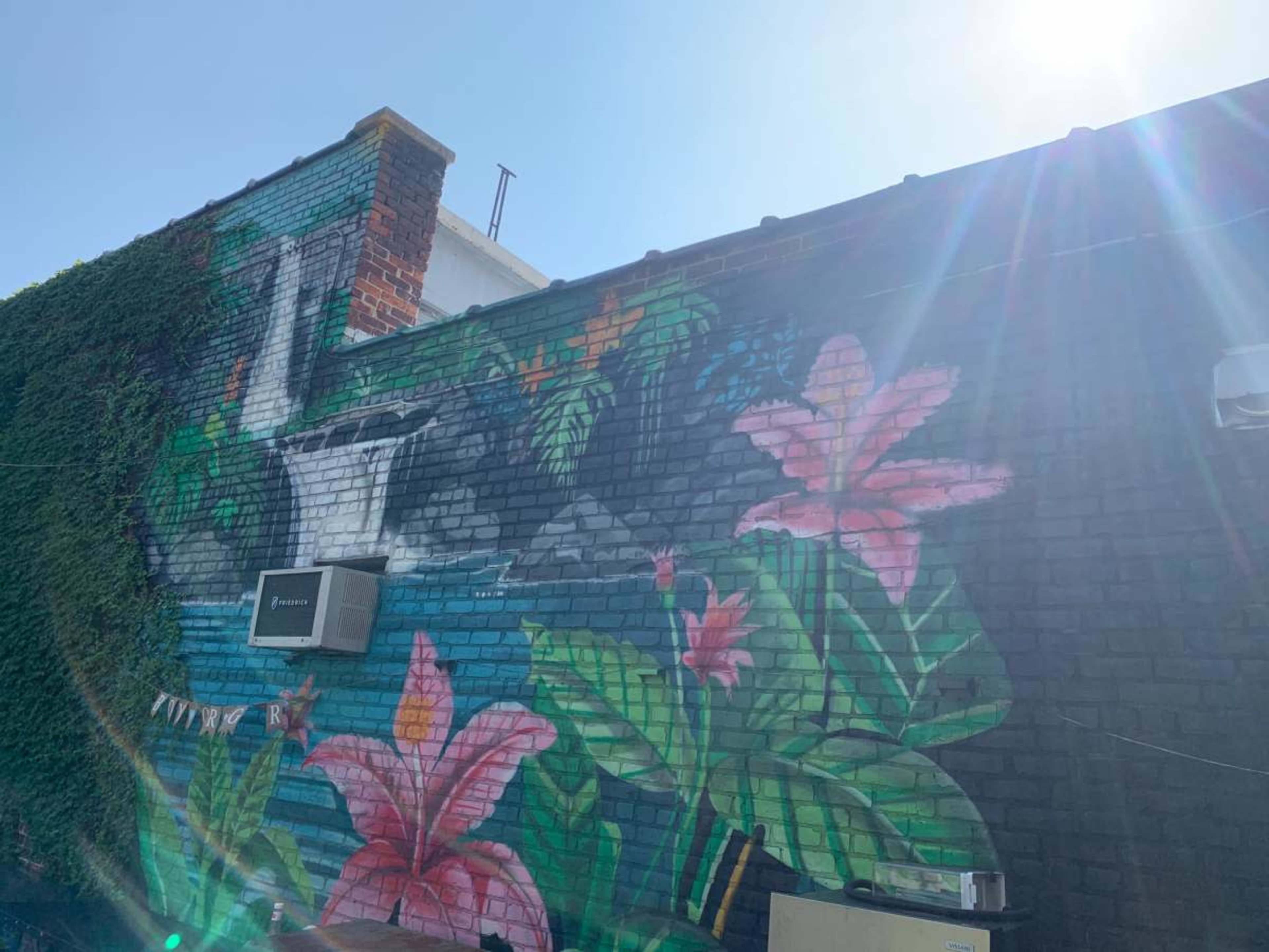 A colorful mural featuring tropical plants and a waterfall is painted on a brick wall, with sunlight shining in the background.