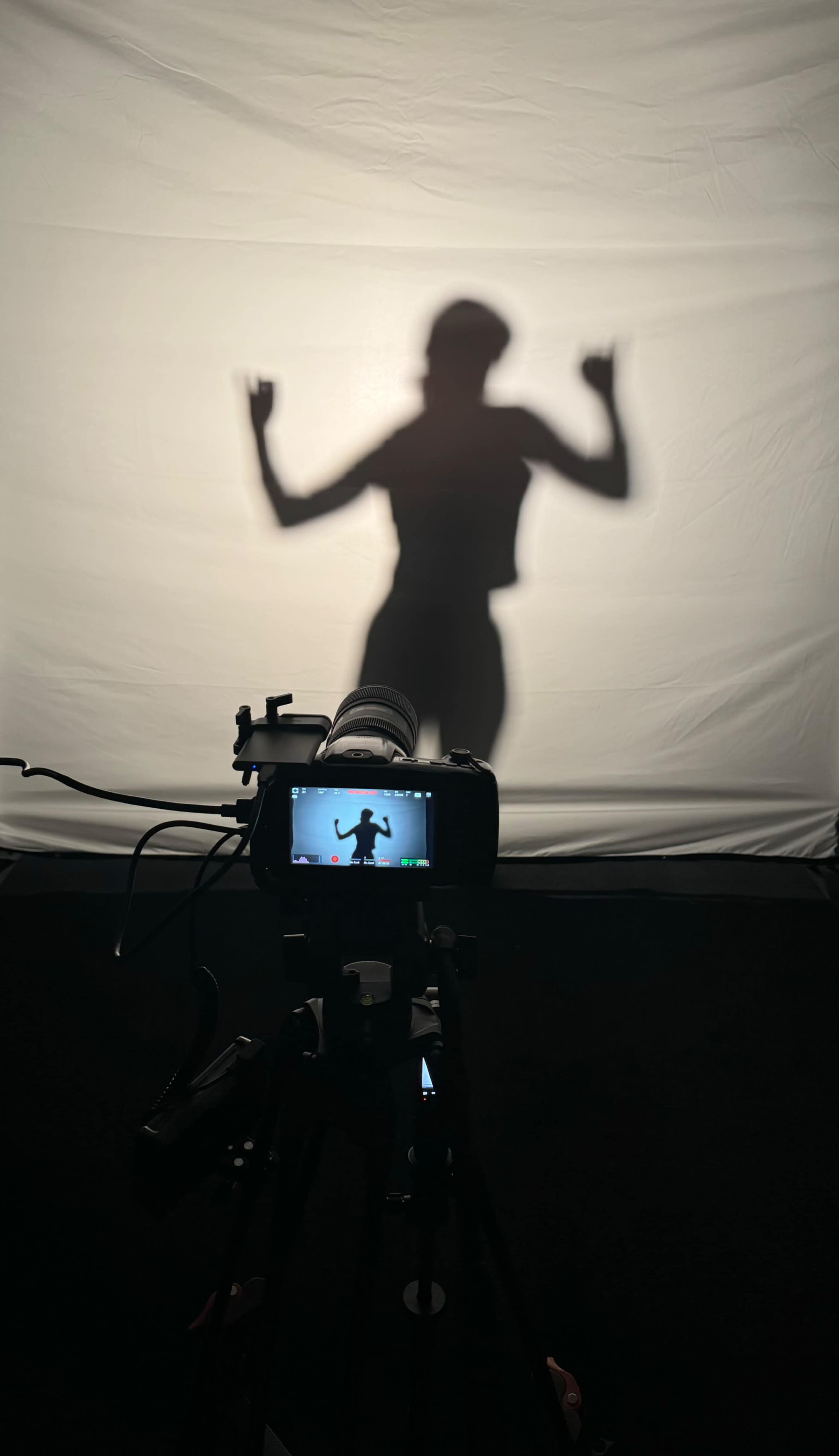 A camera on a tripod captures the shadow of a person against a white backdrop, with the subject appearing to gesture dramatically.