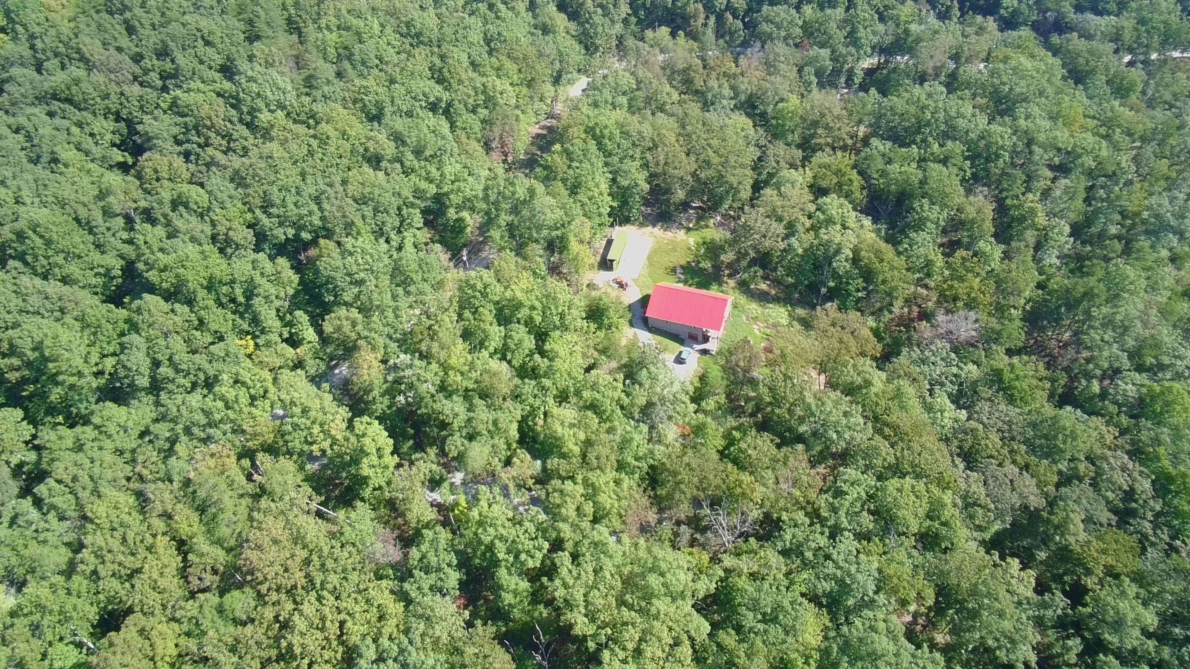 An aerial view shows a house with a red roof surrounded by dense green trees in a forested area.