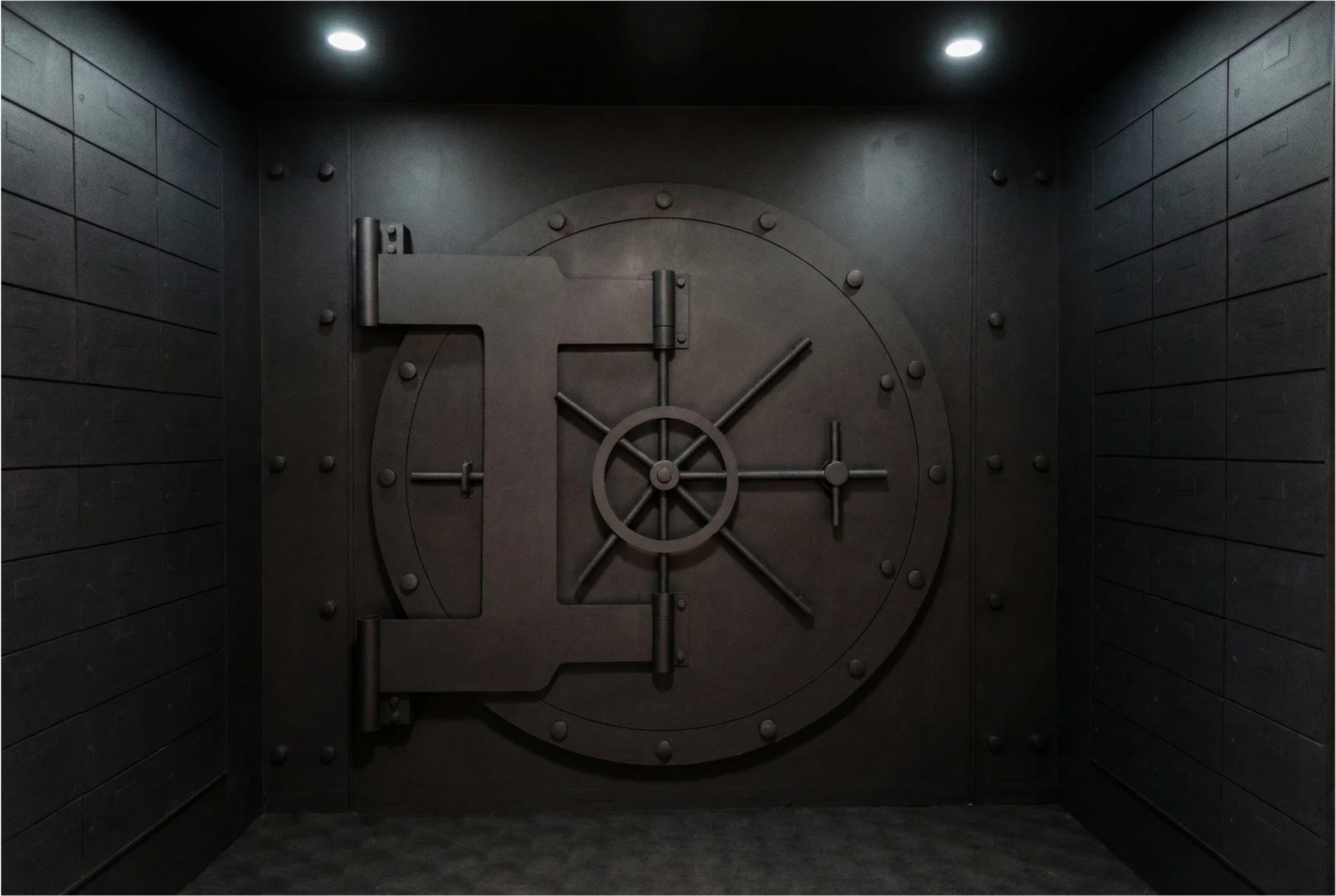 The image shows a large, metal bank vault door against a solid black wall in a dimly lit room.