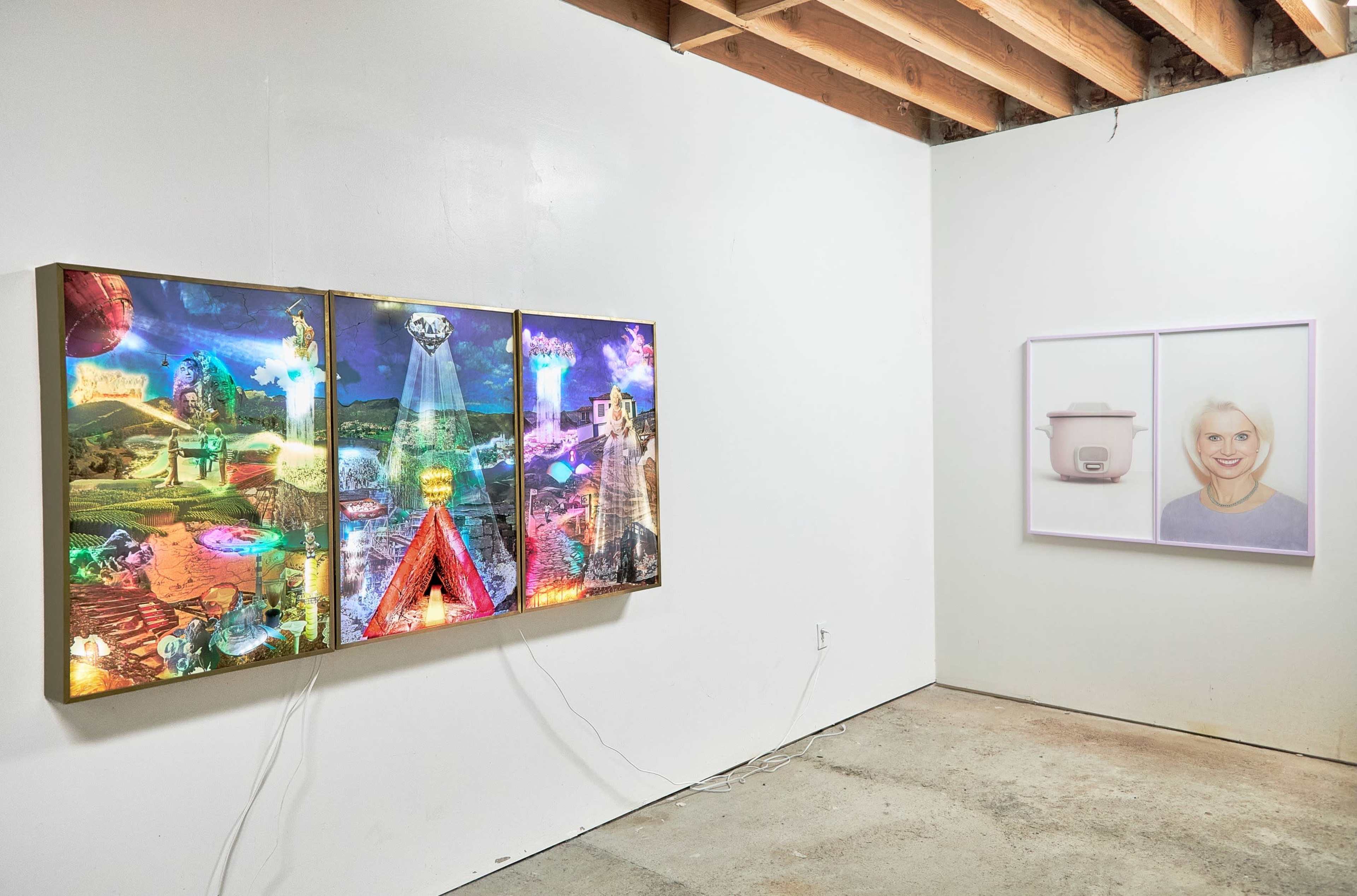 The image features a contemporary art exhibition showcasing a large triptych of vibrant, illuminated artwork on the left and a framed portrait of a woman next to a kitchen appliance on the right.
