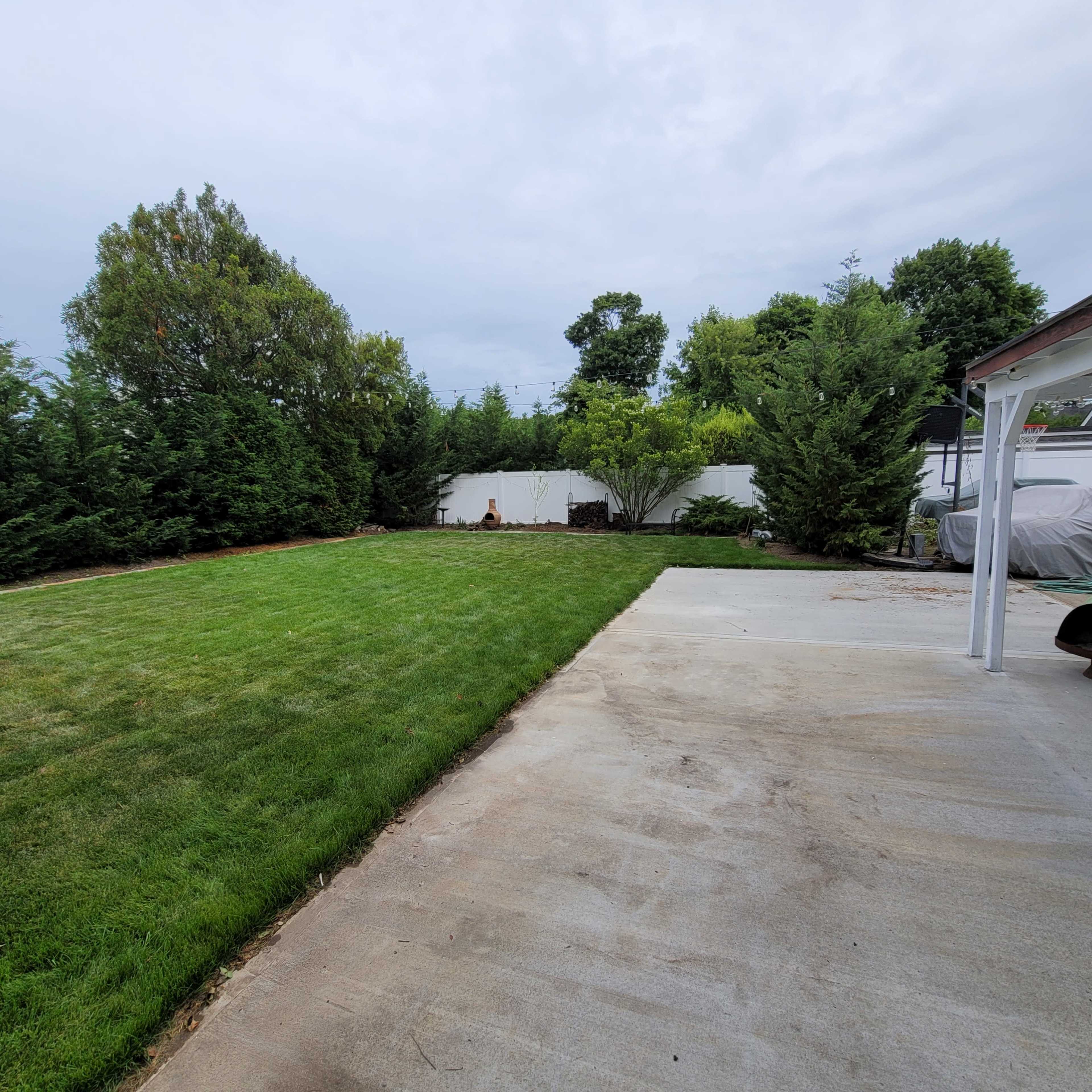 The image shows a well-manicured lawn bordered by tall green shrubs and a concrete patio area with a visible boat.