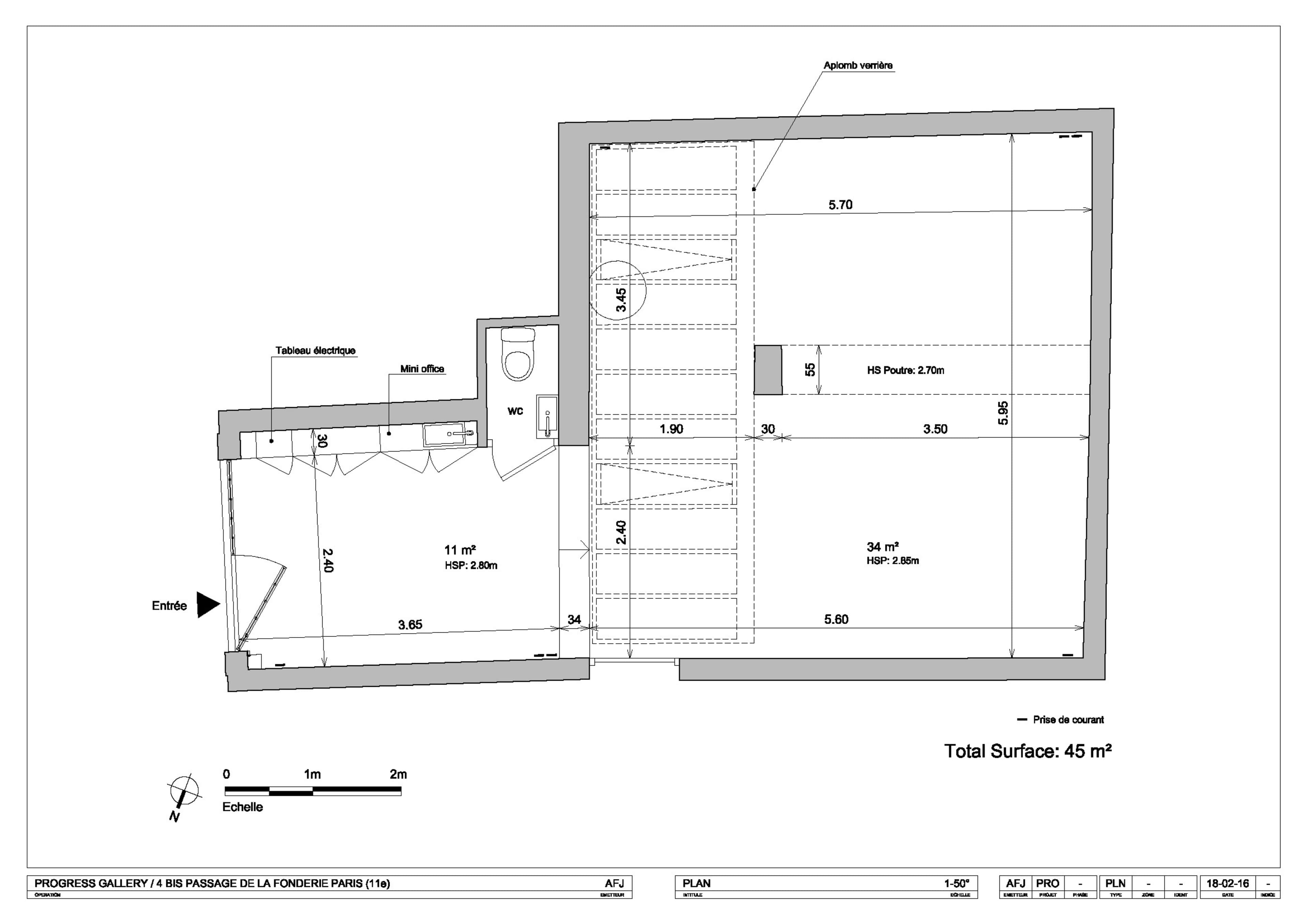 A floor plan of a space measuring 45 square meters, detailing various rooms and dimensions.