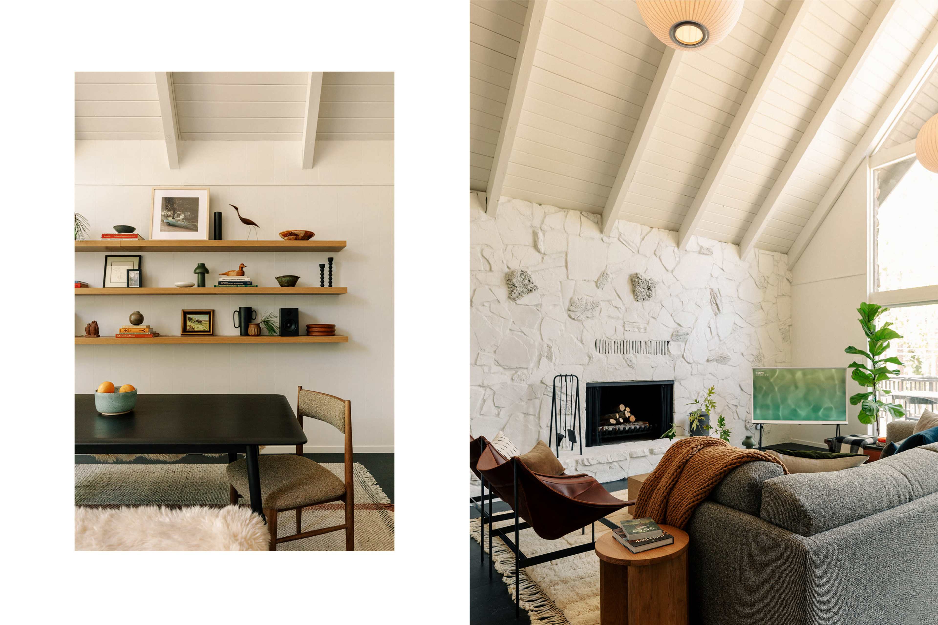 Two cozy living spaces featuring modern decor, with one side displaying a simple dining setup and shelves, while the other side highlights a lounge area with a fireplace and comfortable seating.