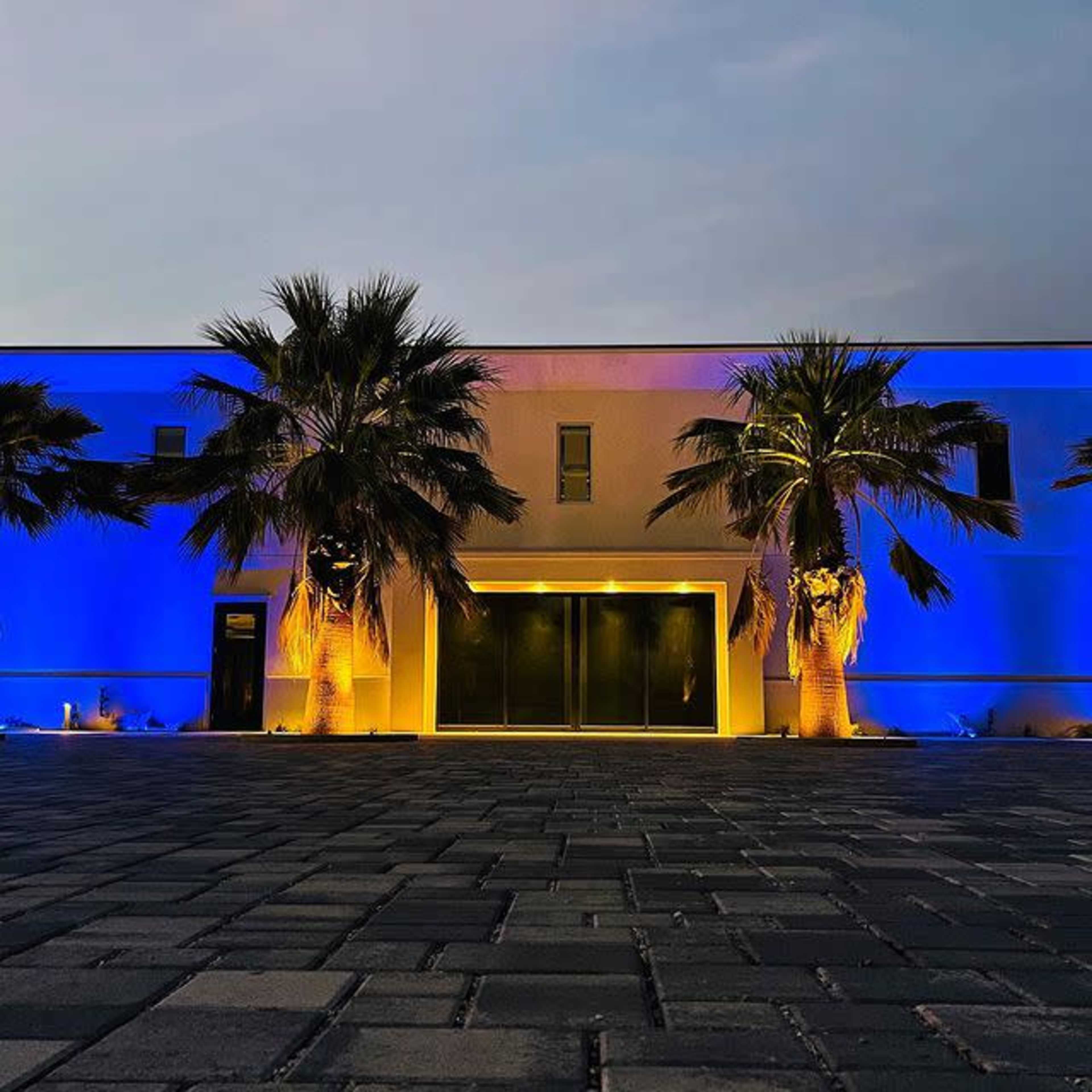 A modern building is illuminated with blue and warm lighting, surrounded by palm trees, and features a paved entrance.