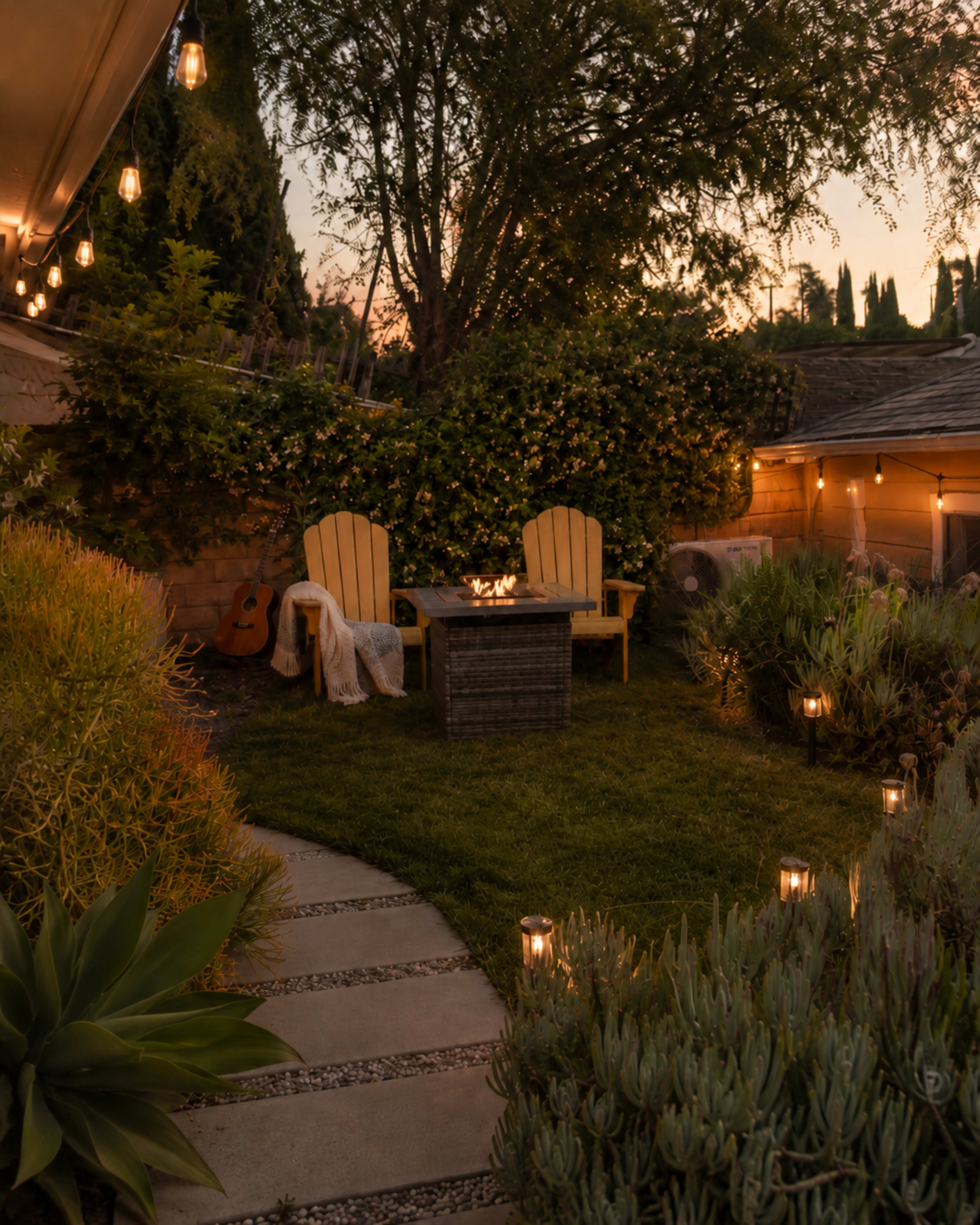 The image shows a cozy outdoor garden space at dusk, featuring two wooden chairs, a low table with a candle, and various plants illuminated by string lights.