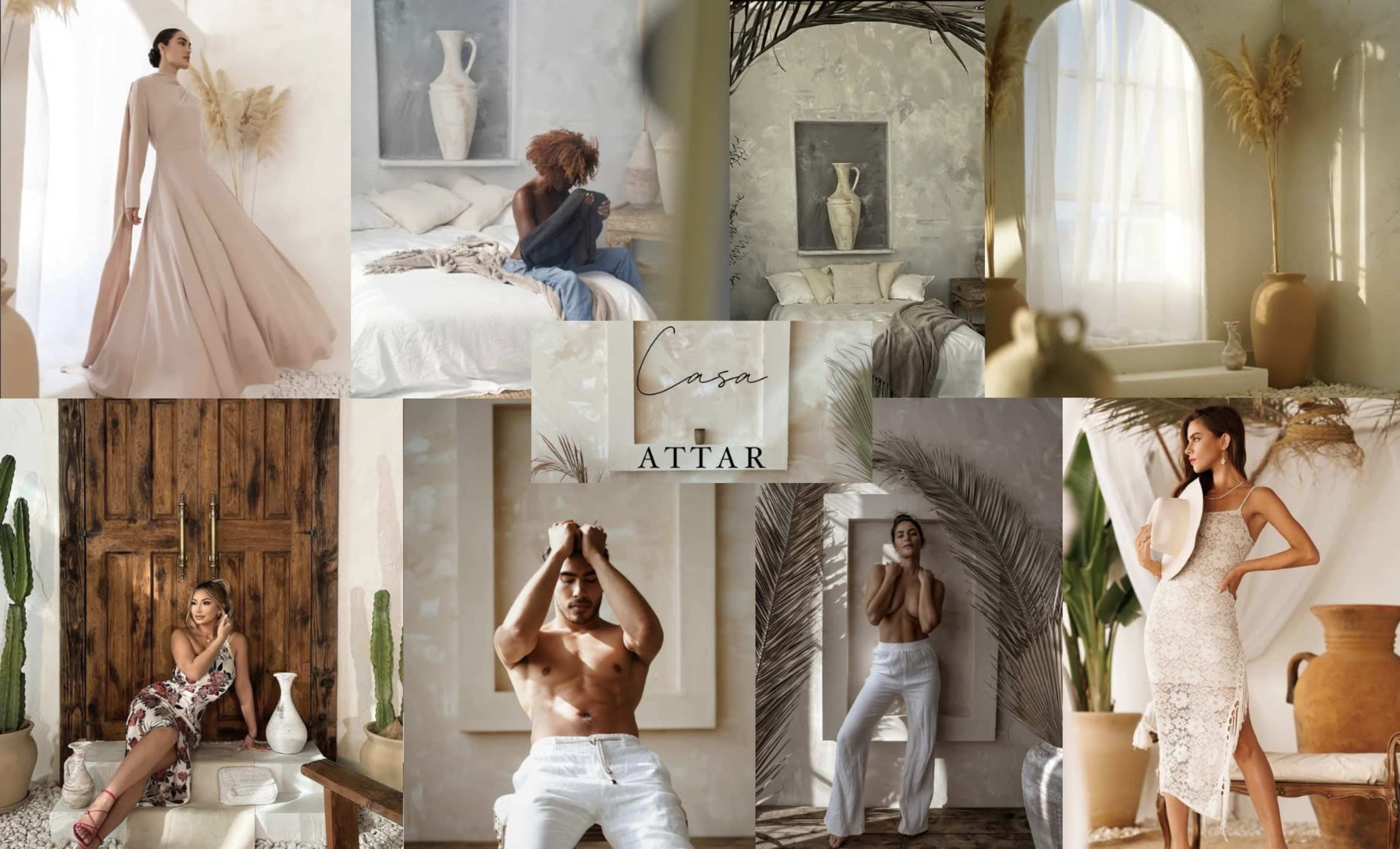 A collage of stylish models and interior design elements, showcasing fashion garments and elegantly arranged living spaces with neutral tones and decorative vases.
