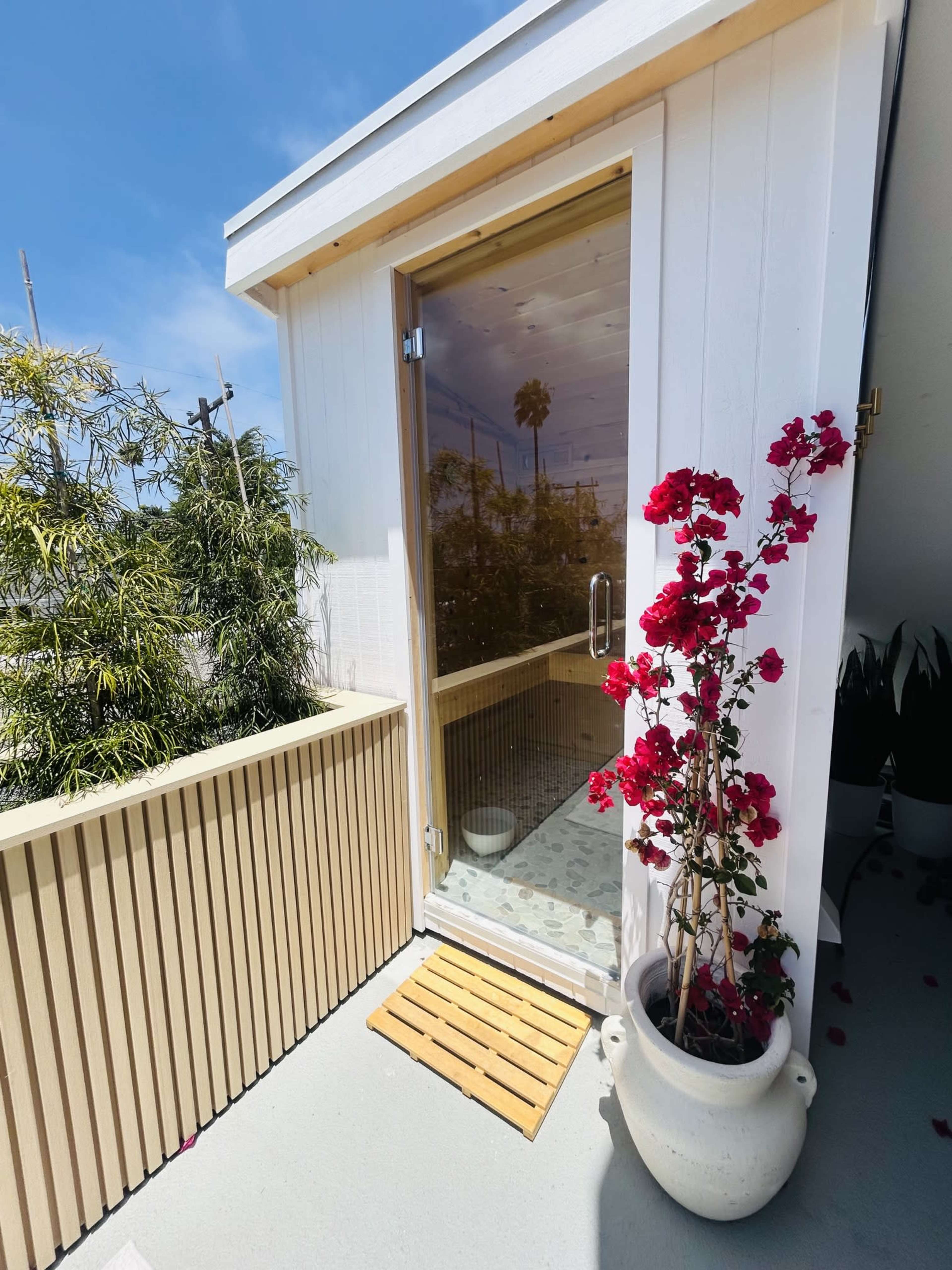 A modern entrance with a wooden door is flanked by a potted bougainvillea plant and a slatted wooden mat on a balcony.