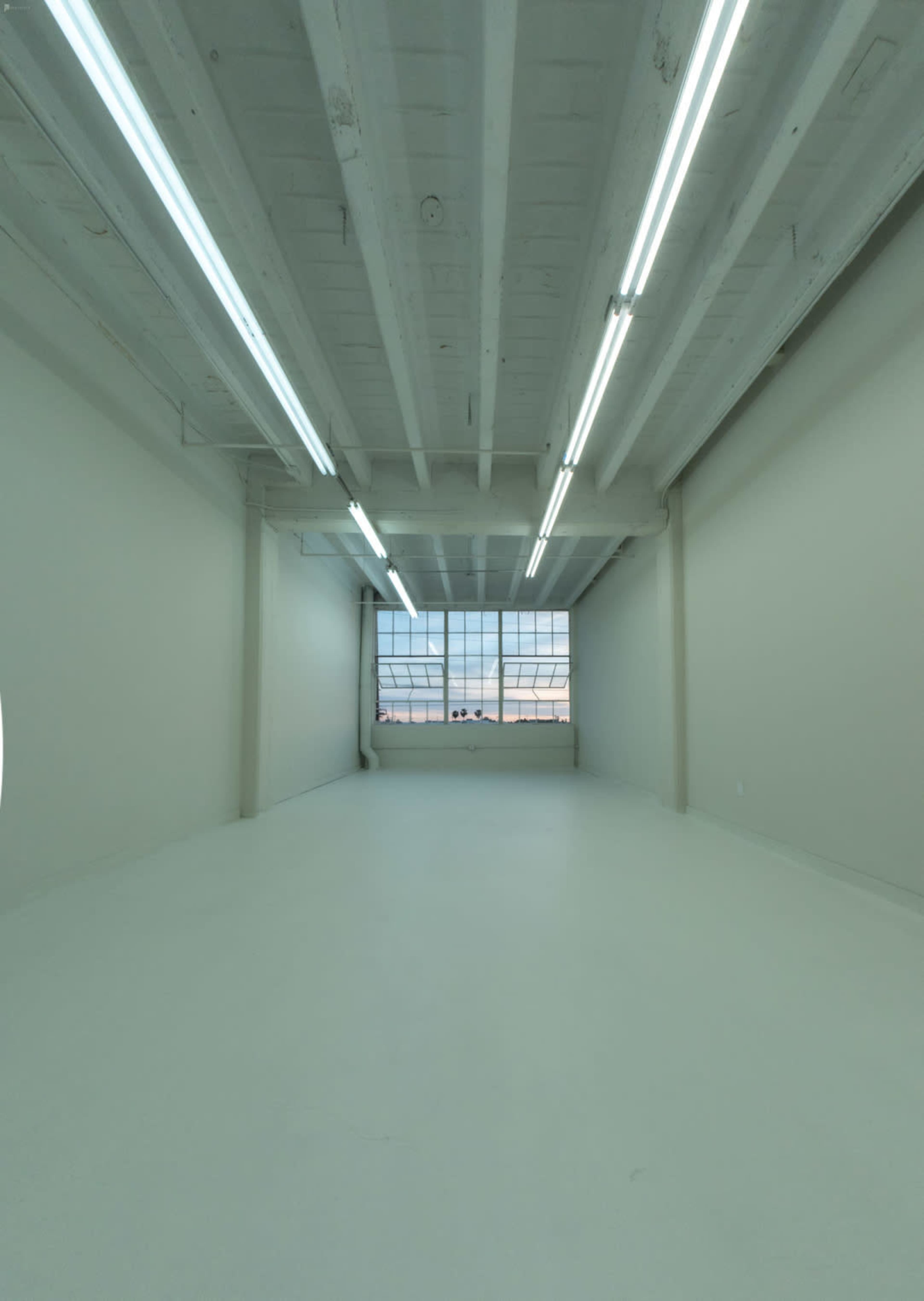 A spacious, empty room with white walls and floor features large windows allowing natural light to enter.