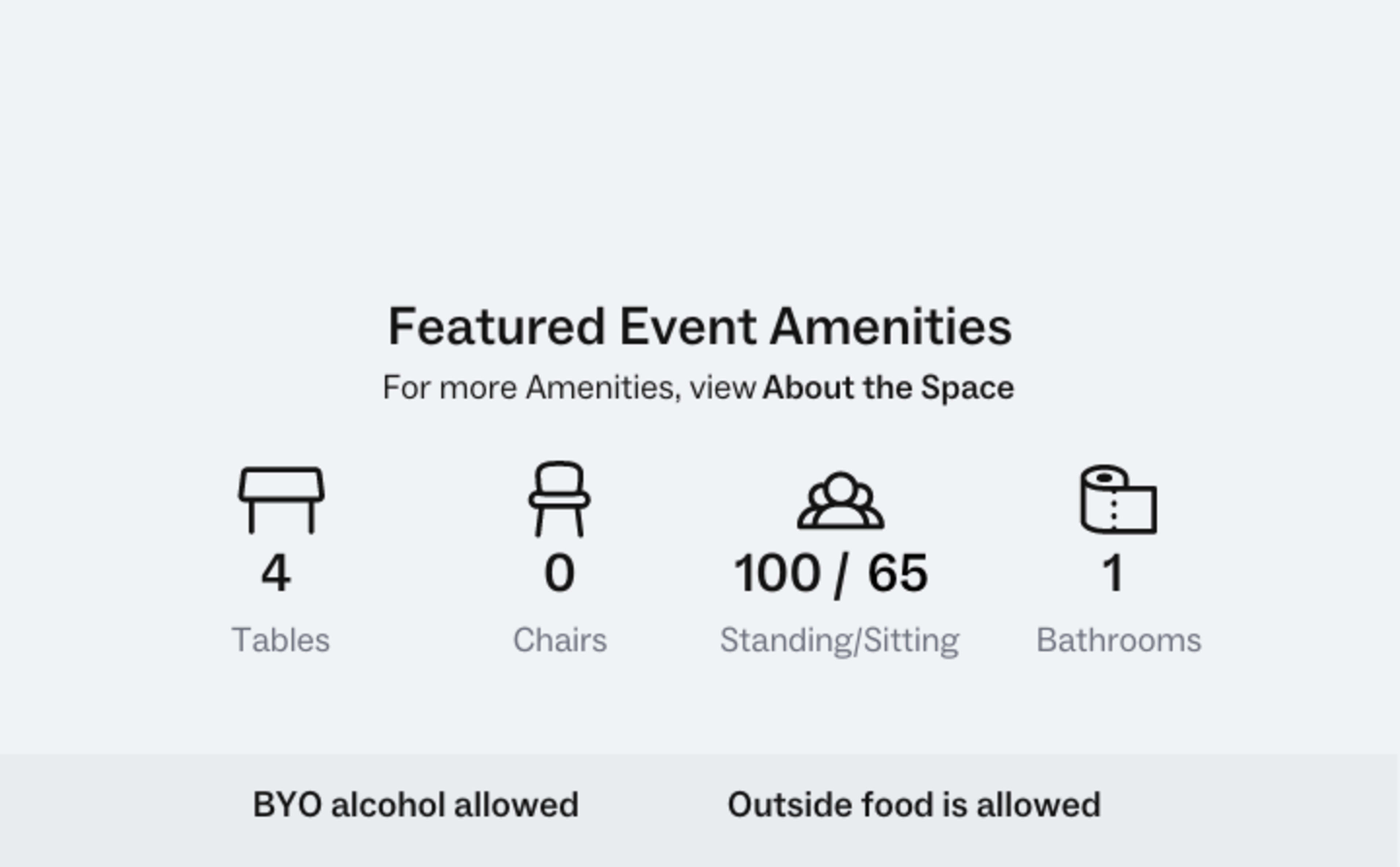 Event amenities, including 4 tables, 0 chairs, capacity for 100 standing or 65 sitting, and 1 bathroom, with notes on BYO alcohol and outside food being allowed.