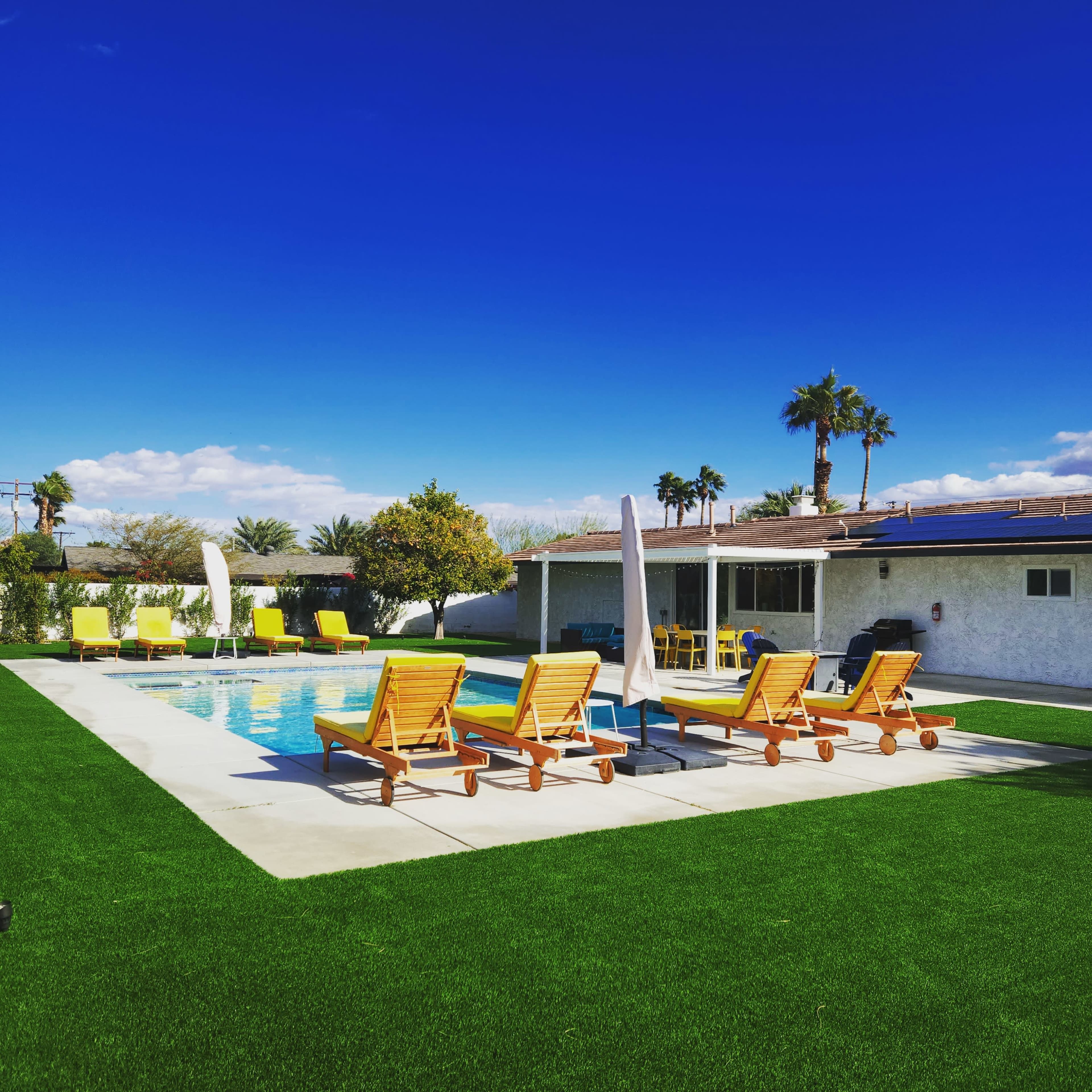 The image shows a swimming pool surrounded by lounge chairs and a green lawn under a clear blue sky.