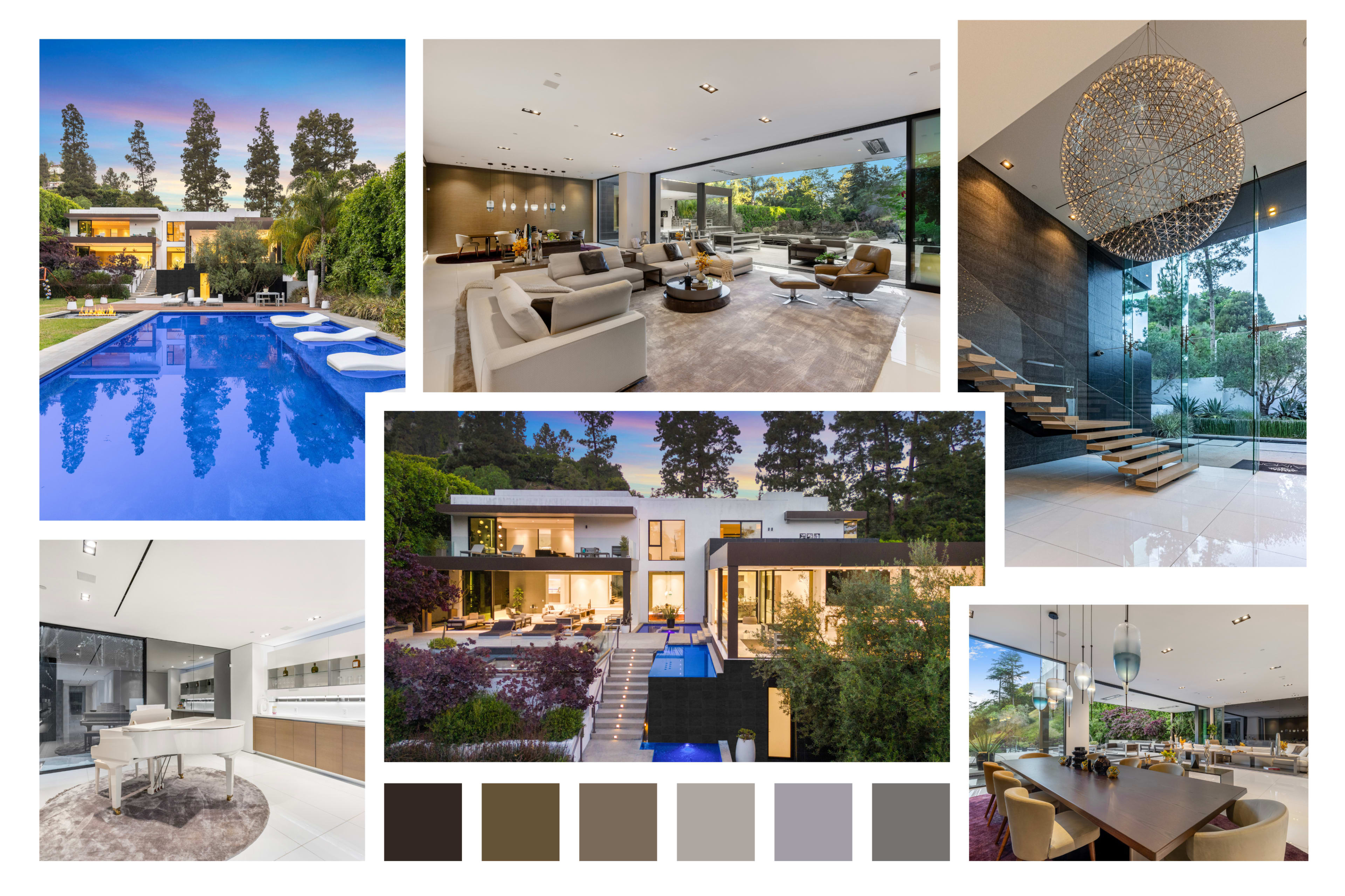 The image showcases various perspectives of a modern luxury home, featuring a spacious interior with elegant furnishings and an outdoor area with a swimming pool and landscaped gardens.
