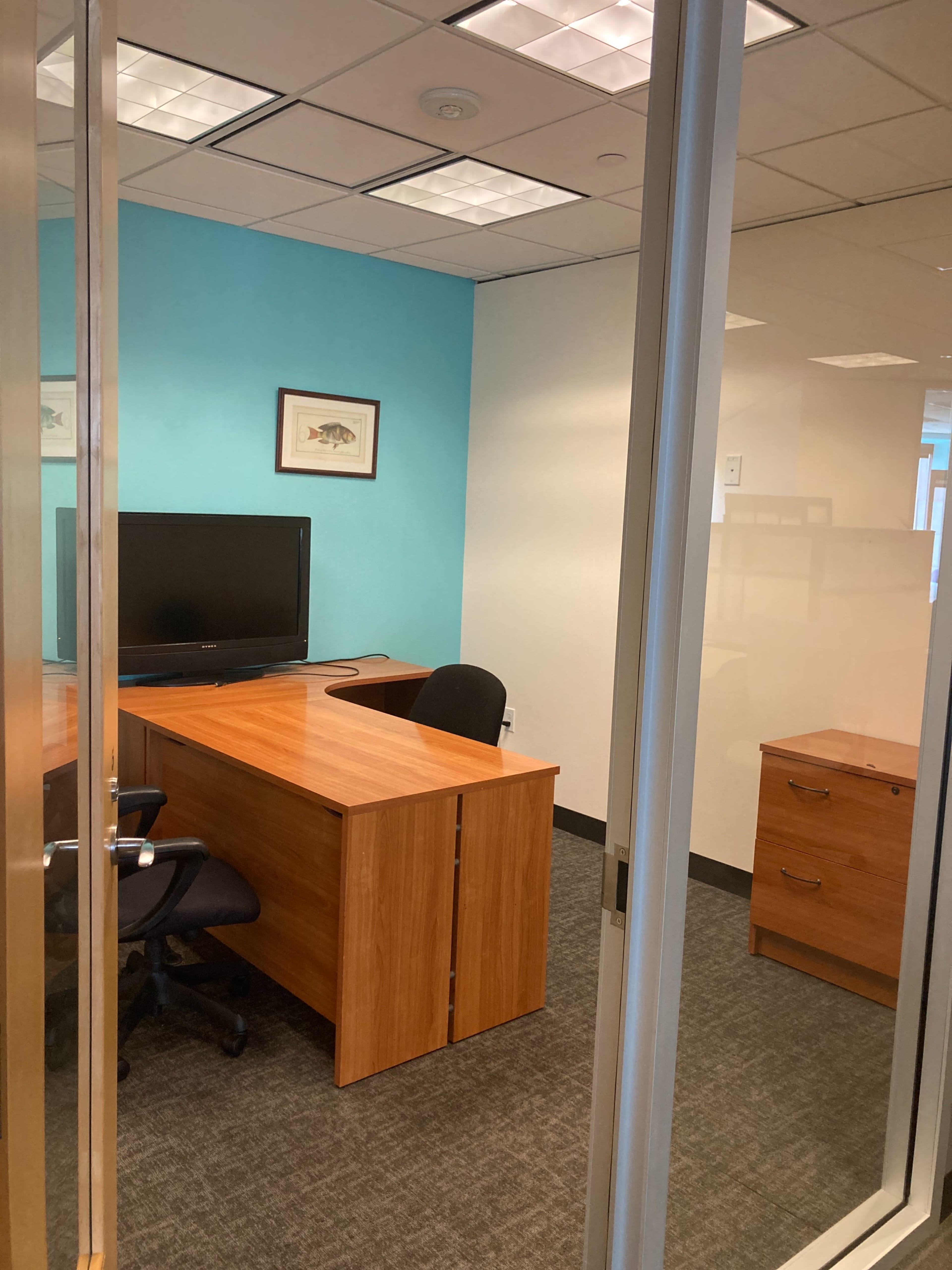 A small office with a wooden desk, a chair, a television, and a filing cabinet, all framed by glass walls.