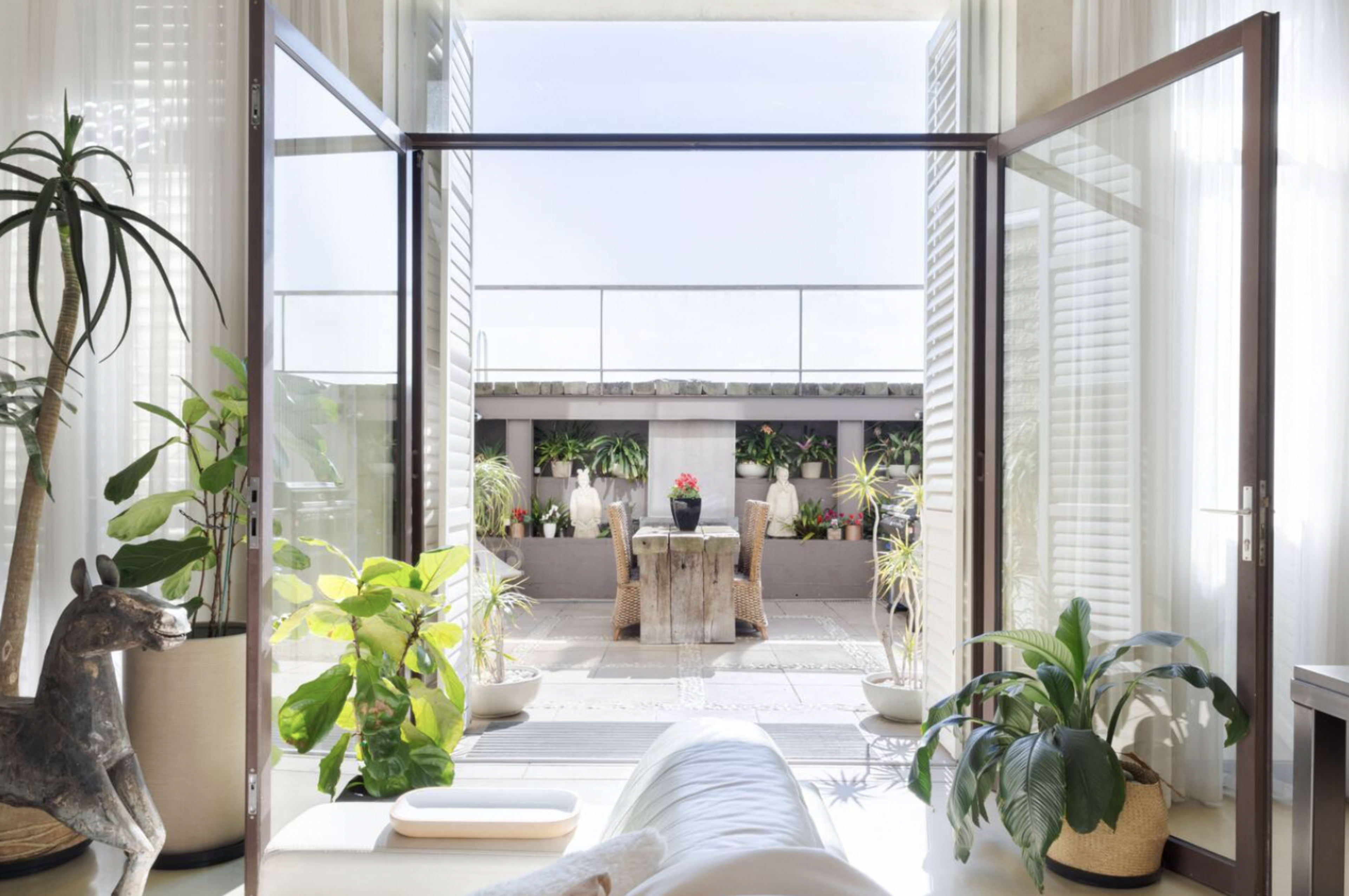 The image shows a bright interior space leading to an outdoor terrace filled with potted plants and a central table, framed by large glass doors.