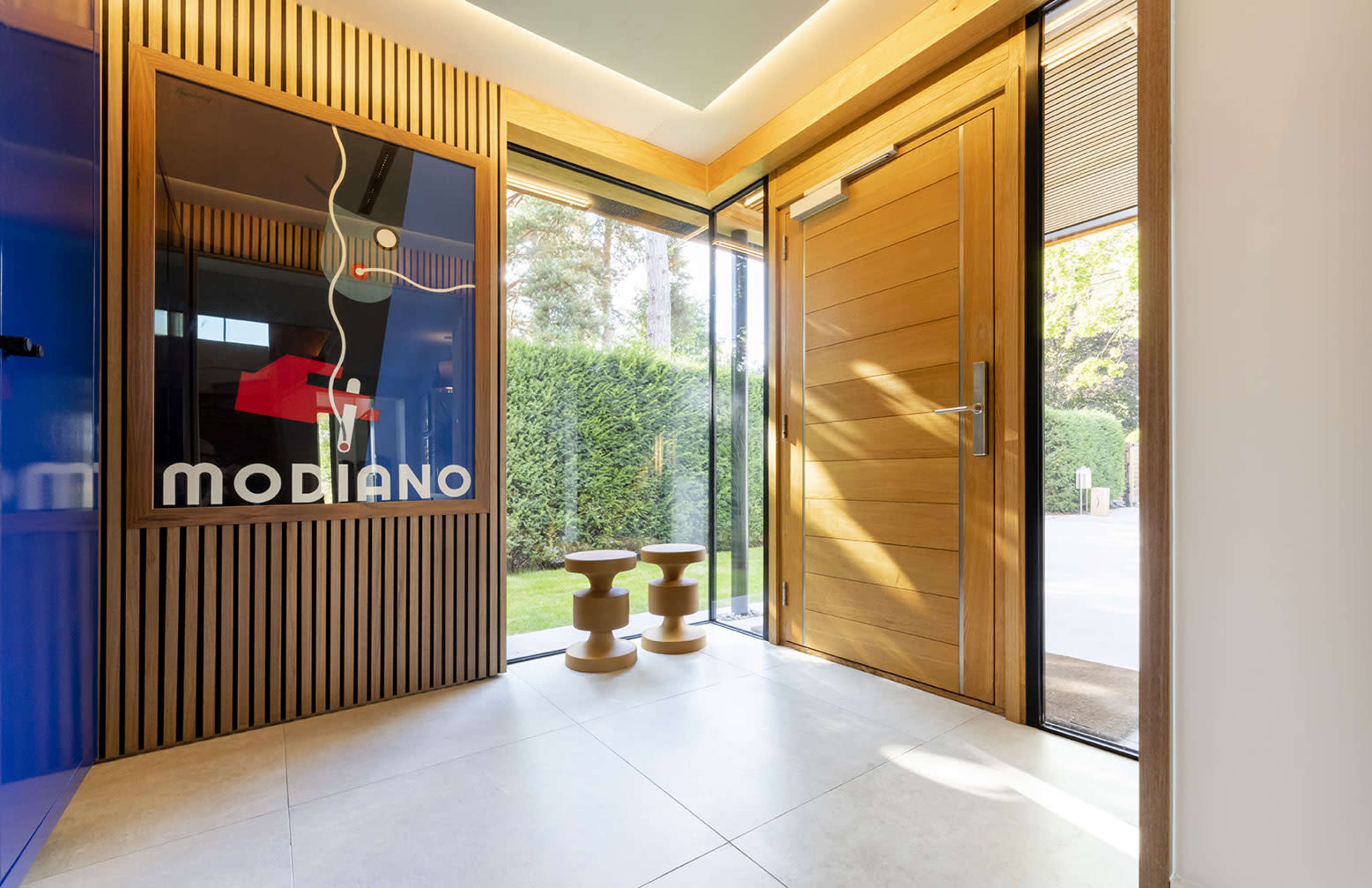 The image shows a modern entrance area with a wooden door, a blue feature wall, and glass doors leading to a garden.