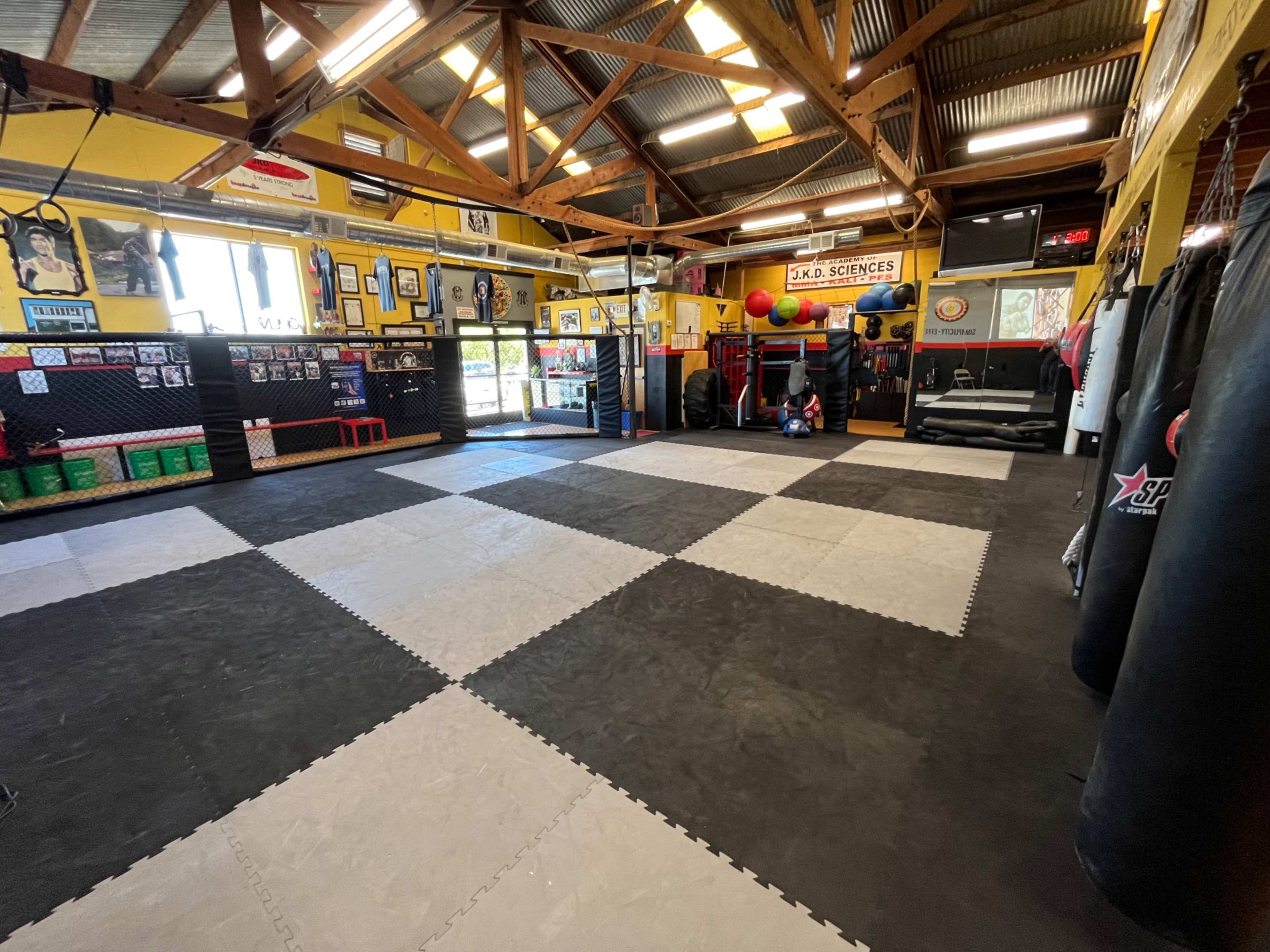 The image shows an indoor martial arts training facility with a checkered floor, wall-mounted mirrors, punching bags, and various fitness equipment.