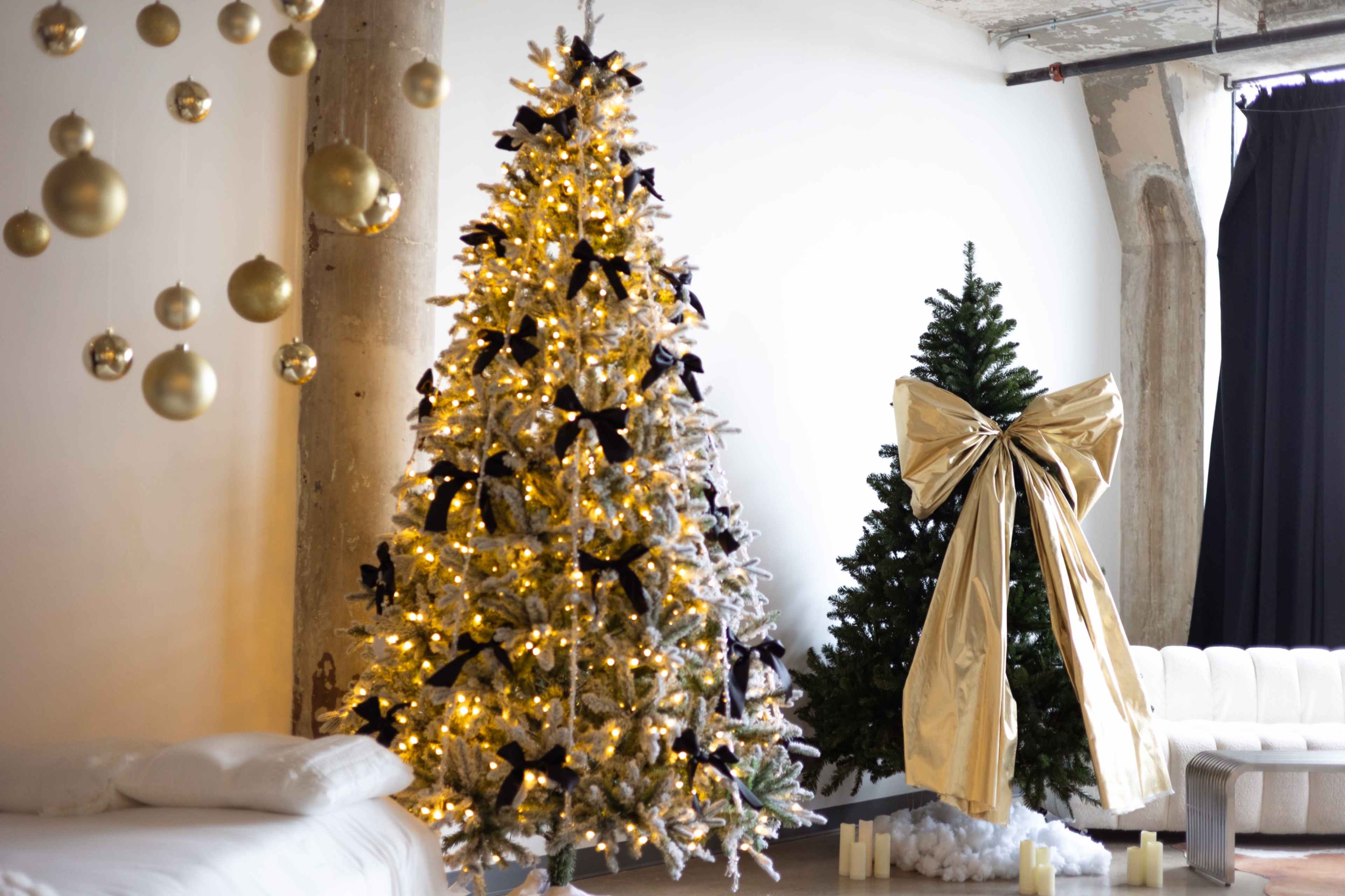 The image shows two decorated Christmas trees, one adorned with lights and black ribbons and the other wrapped in a large golden bow, set in a minimalist indoor space.