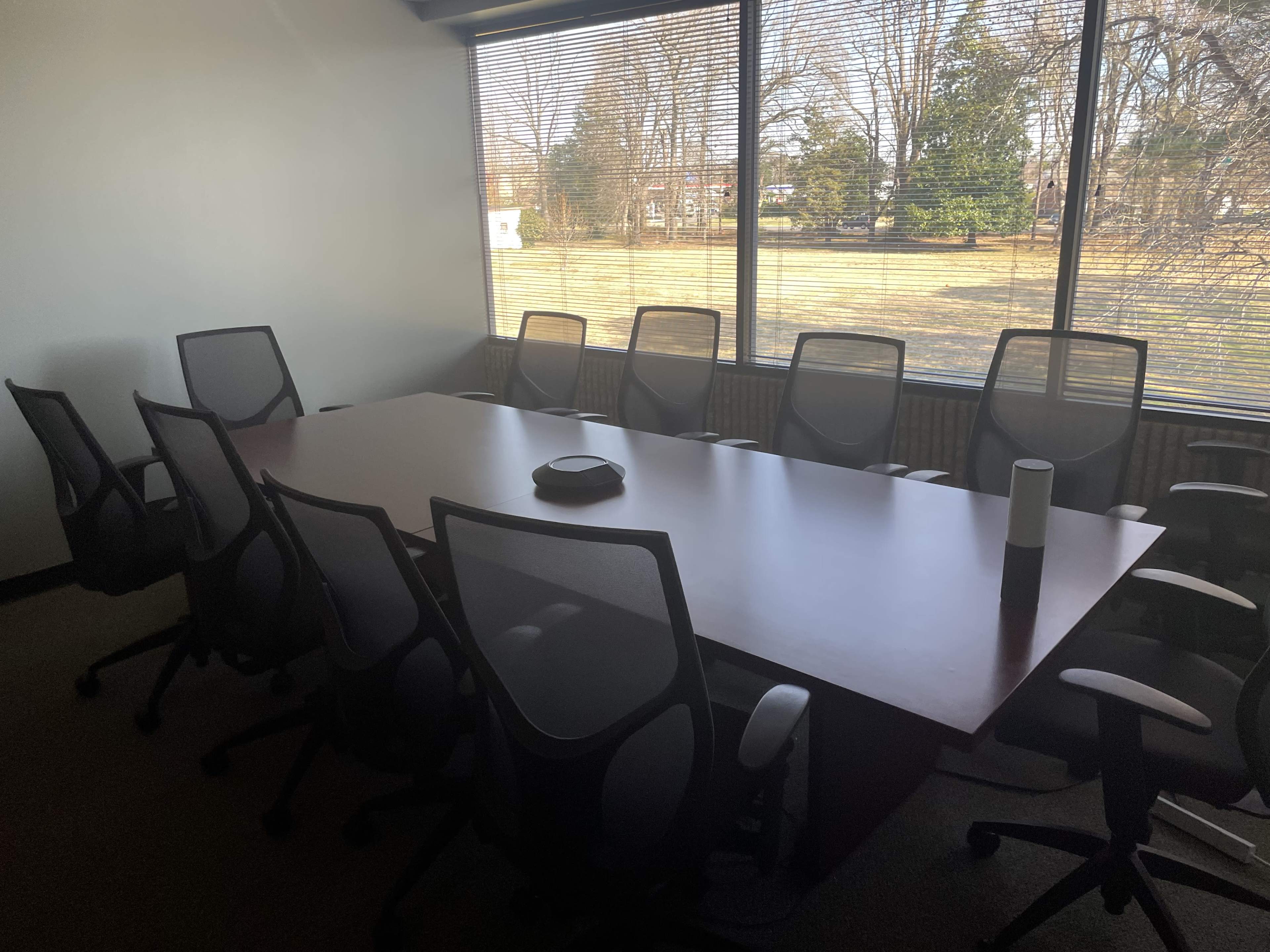 A conference room features a large wooden table surrounded by several mesh chairs, with windows revealing an outdoor view.