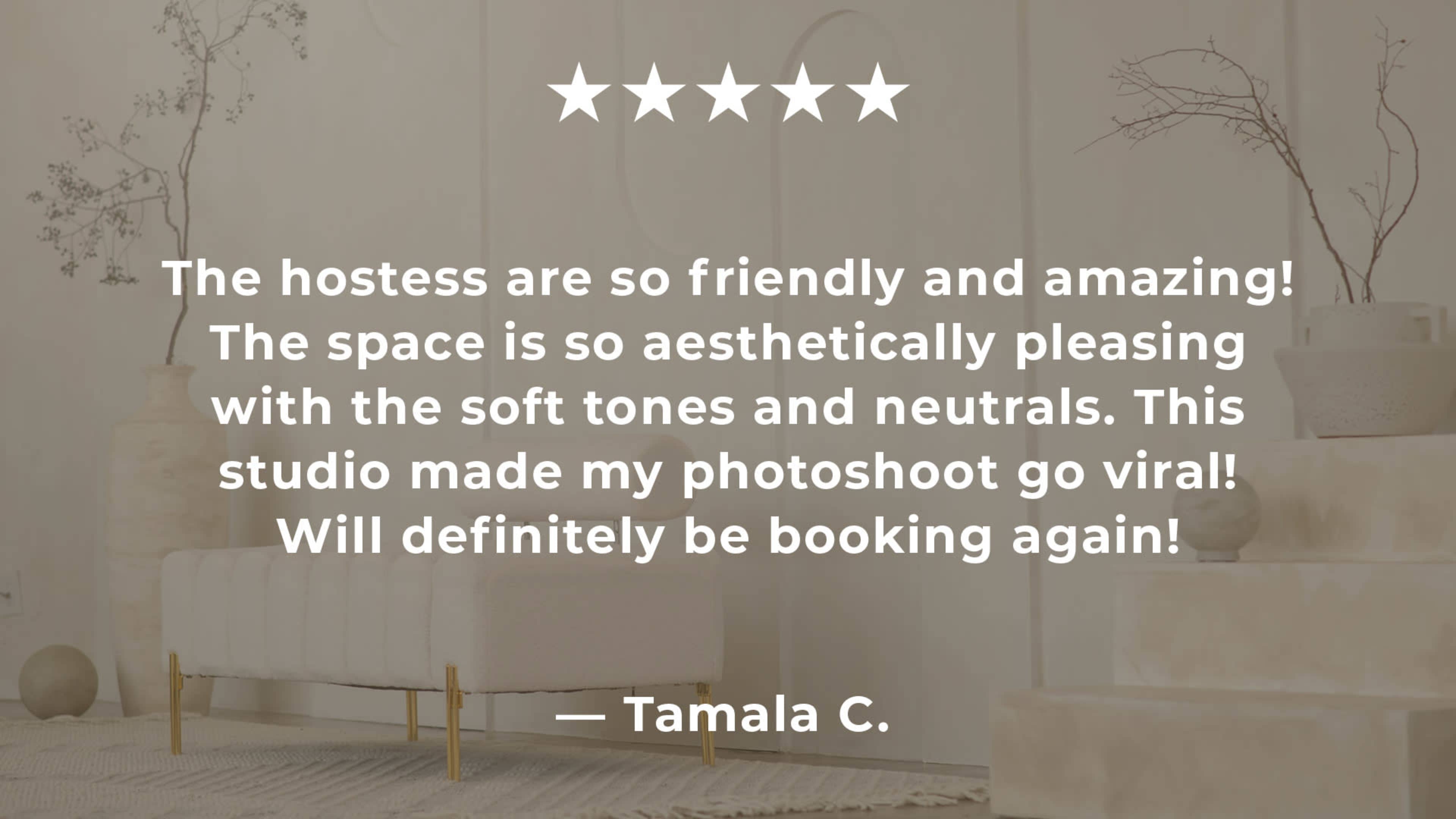 The image features a testimonial with a five-star rating, praising the friendliness of the hostess and the aesthetic appeal of a studio space.