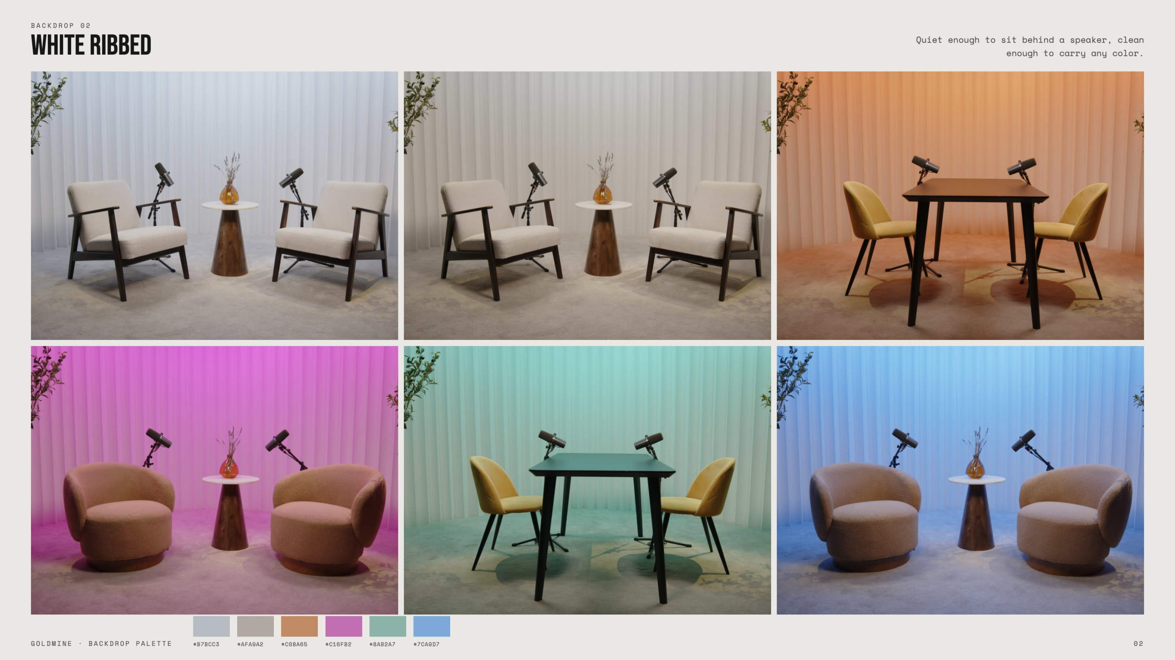 The image showcases a series of four rooms featuring a small table with two chairs and a plant on the table, each set against a different colored backdrop with lighting variations.