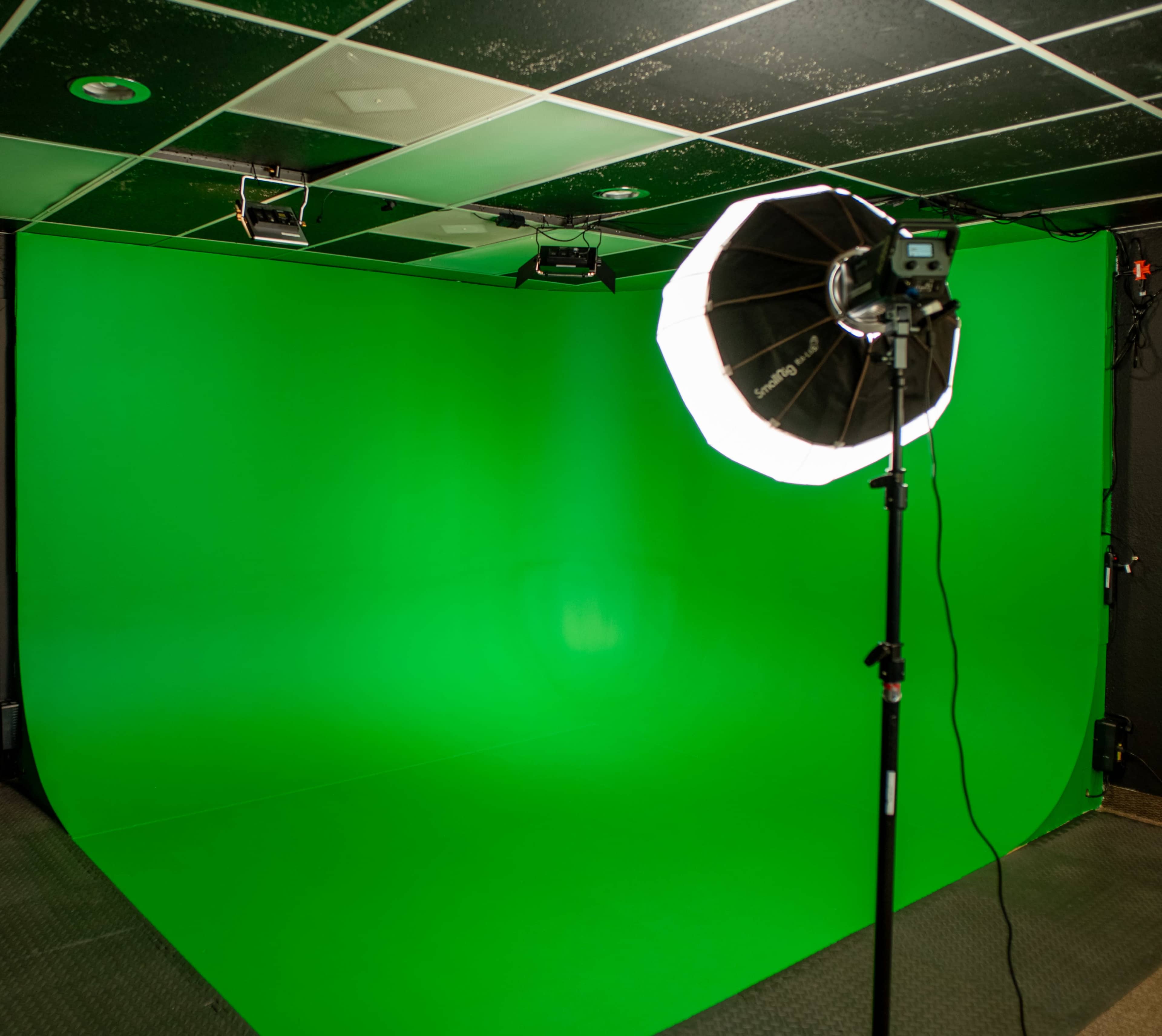 A photography studio features a large green backdrop with a softbox light mounted on a stand.