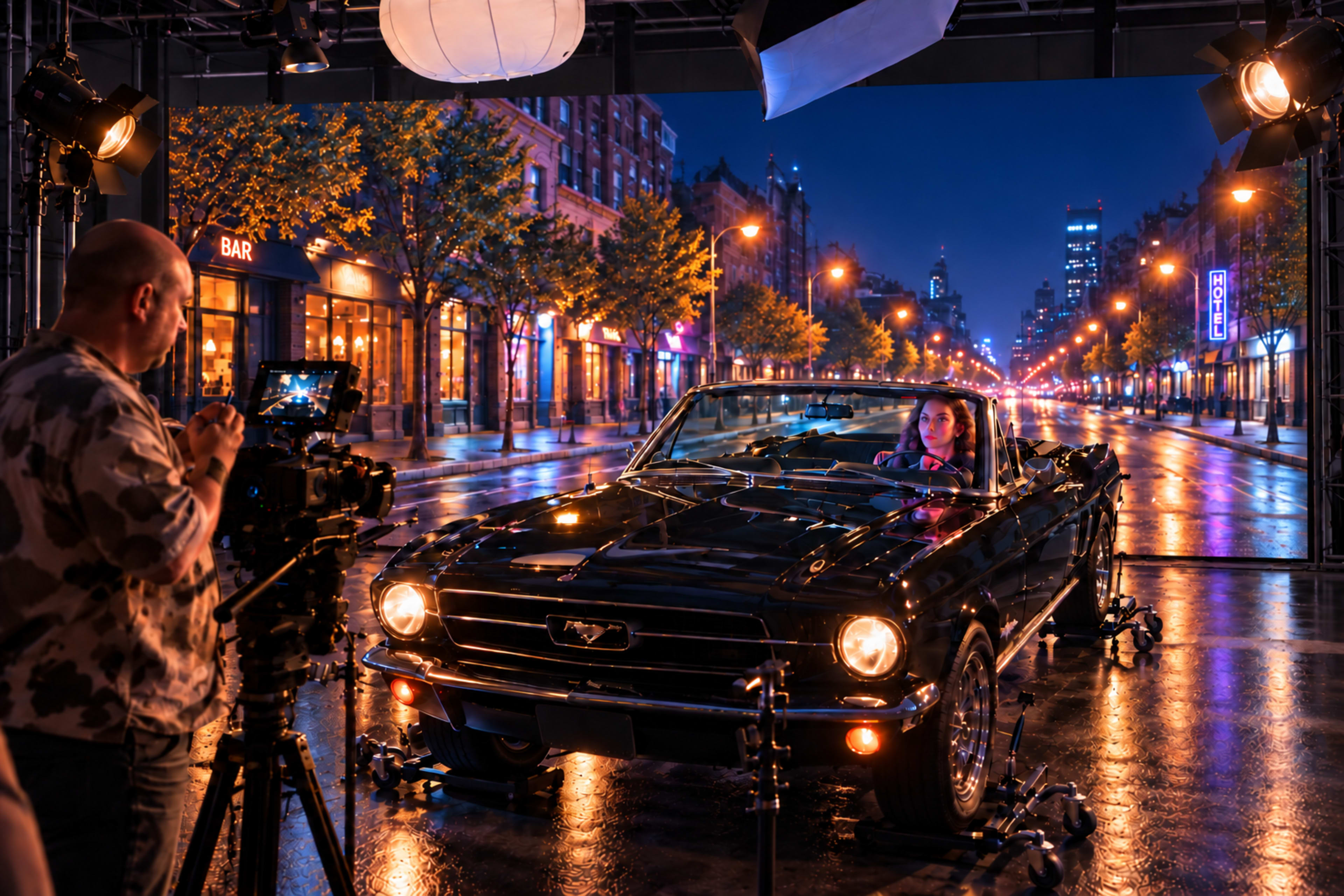 A filmmaker captures a scene of a woman in a vintage Mustang convertible on a rainy city street set, with bright lights from nearby buildings creating a cinematic backdrop.