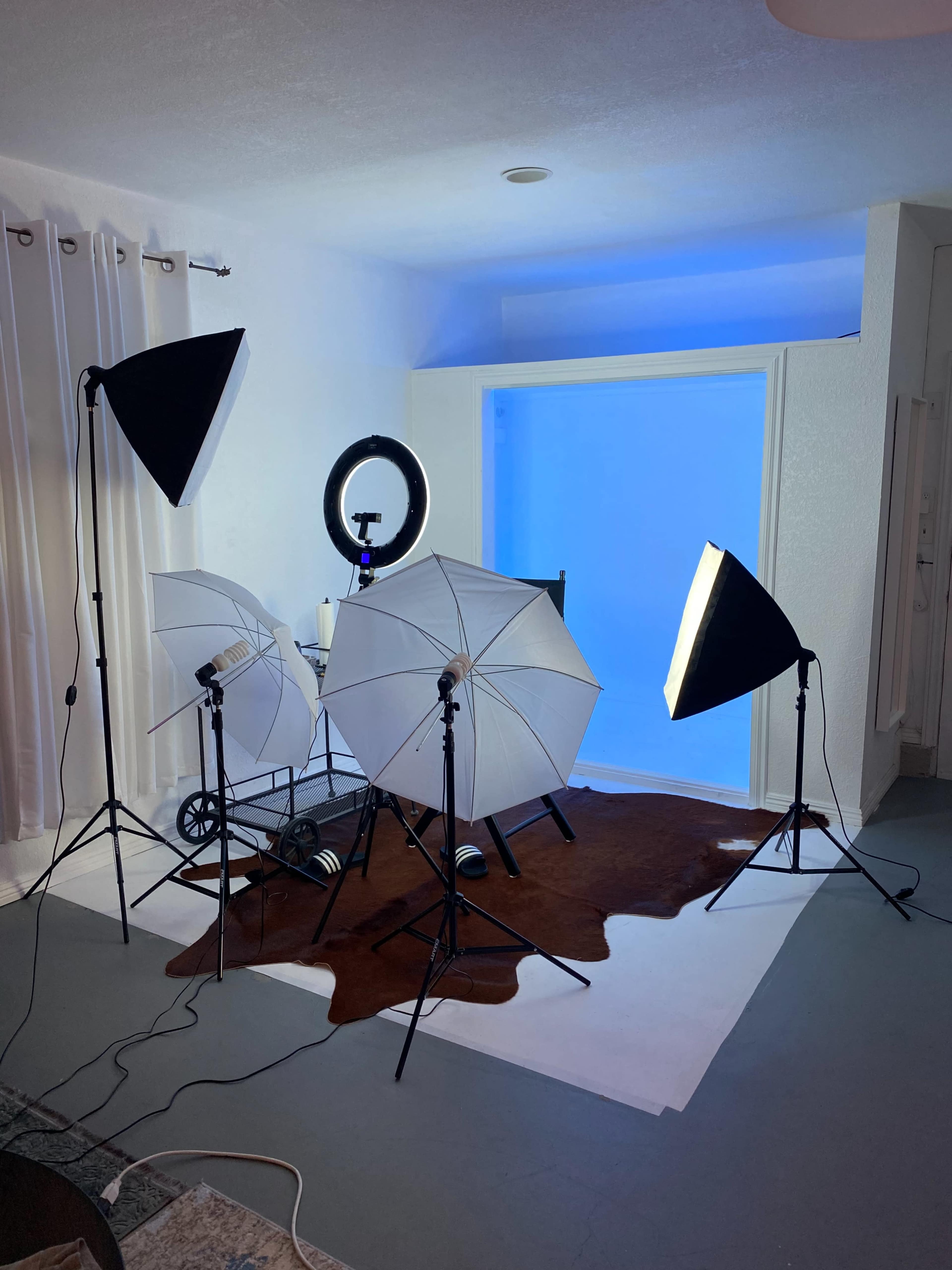 A photography setup with multiple lighting equipment, including softboxes and a ring light, arranged around a small backdrop.